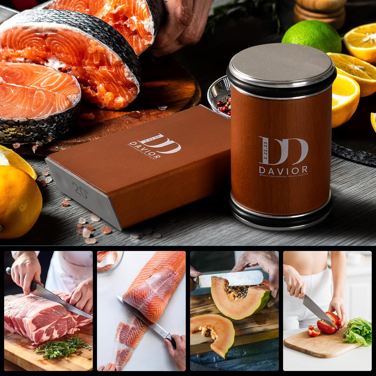 Demonstrates the knife's versatility in preparing various types of food, from meats to fruits and vegetables. Highlights the Davior brand and its knife product, associating it with quality food…
