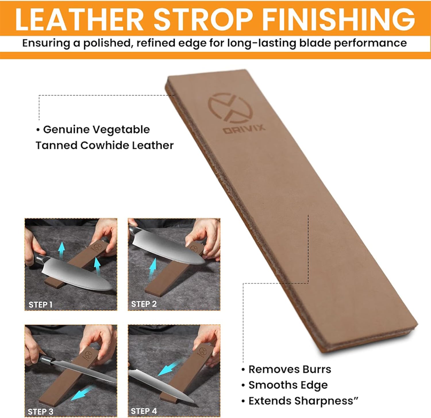 Demonstrates the process of using a leather strop to polish and refine knife blades, emphasizing the benefits of improved blade performance and longevity.