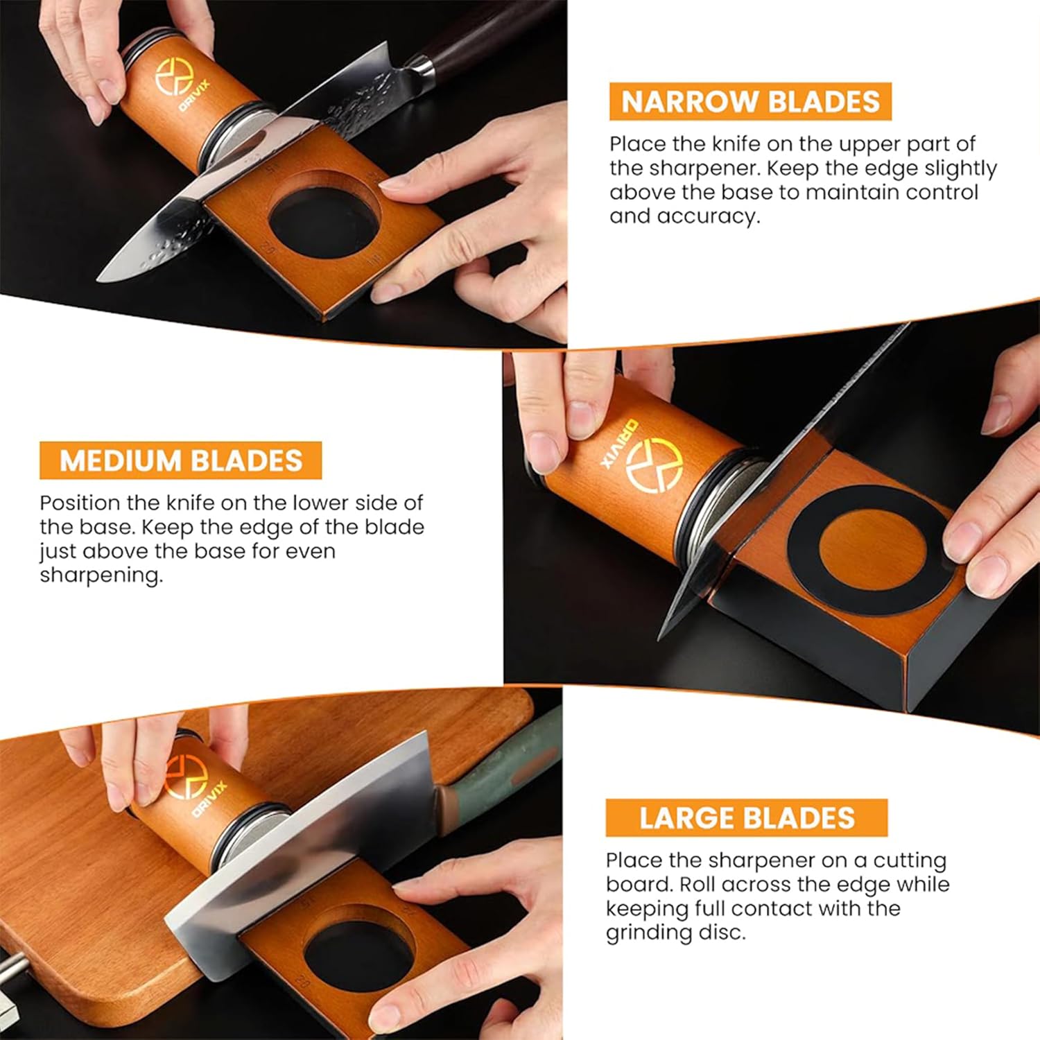 Demonstrates the correct technique for sharpening different types of knife blades using the product, ensuring proper use and optimal results.