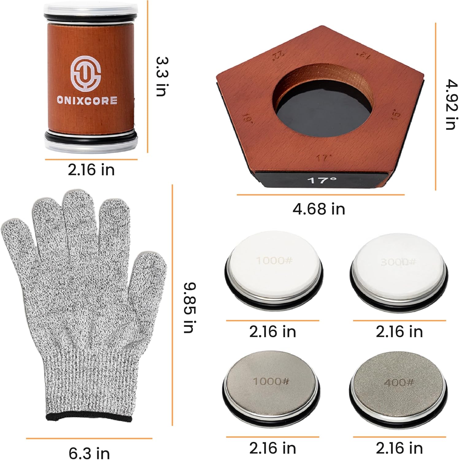 Shows all the items included in the knife sharpening kit, allowing customers to see the full value of their purchase.