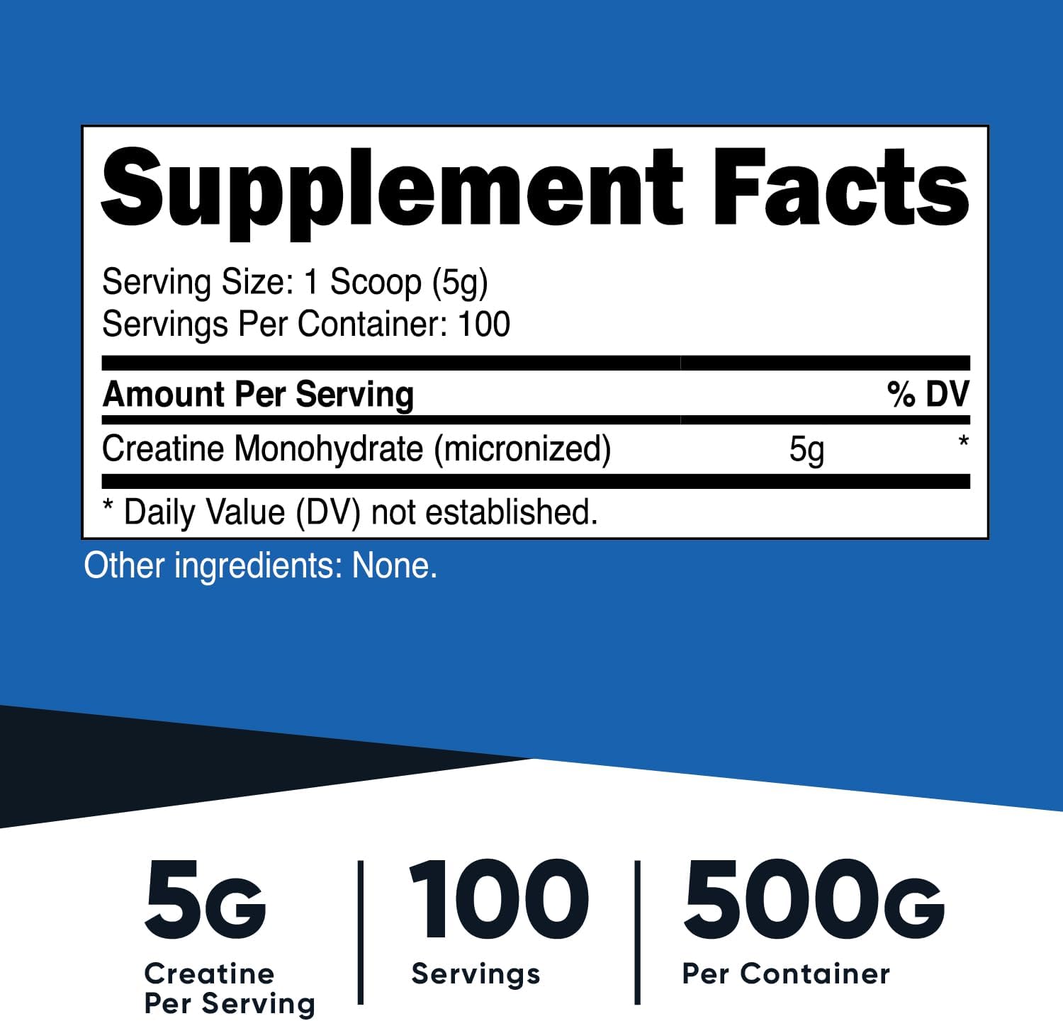 Communicates key product metrics including serving size, total servings, and amount of creatine per serving to help customers understand dosage and value.