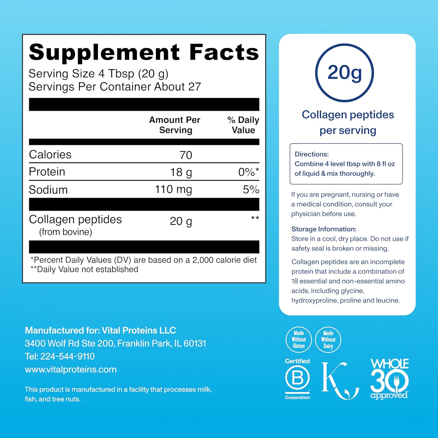 Highlights the amount of collagen peptides per serving and key nutritional information to inform customers about the product's composition and dosage.