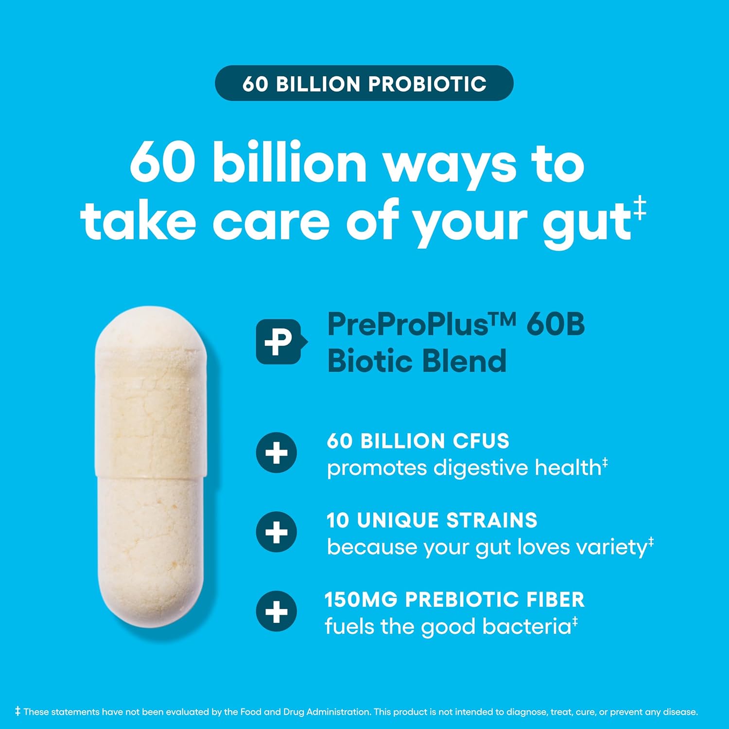 Highlights the key features of the probiotic supplement to demonstrate its comprehensive approach to gut health.