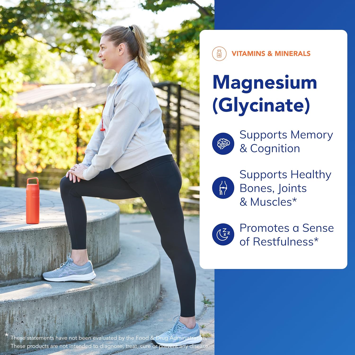 Highlights multiple health benefits of Magnesium (Glycinate) supplement to appeal to health-conscious consumers. Shows the product in context of an active, healthy lifestyle to appeal to…