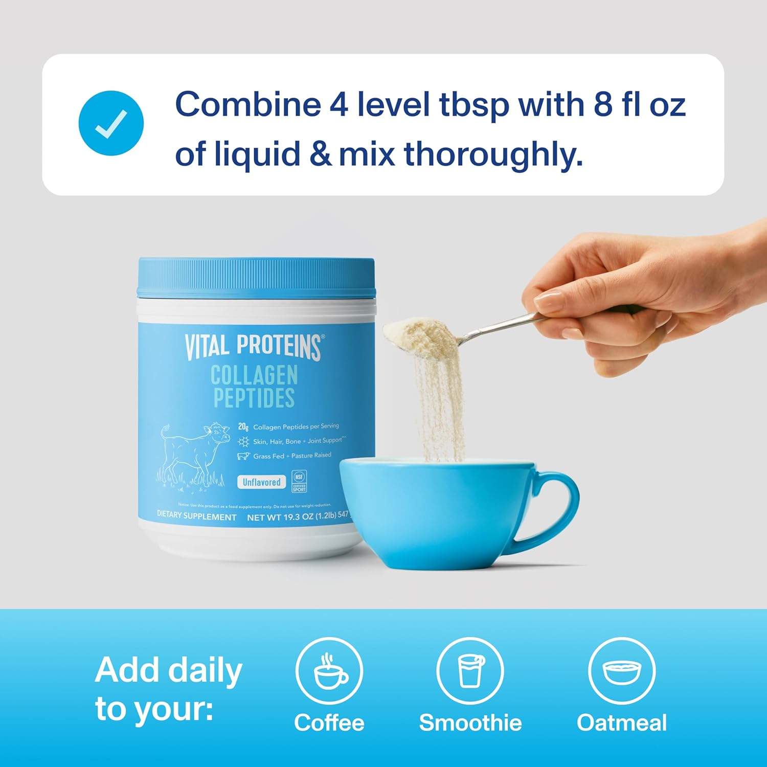 Explains how to properly mix and use the collagen peptide supplement in everyday drinks and foods.