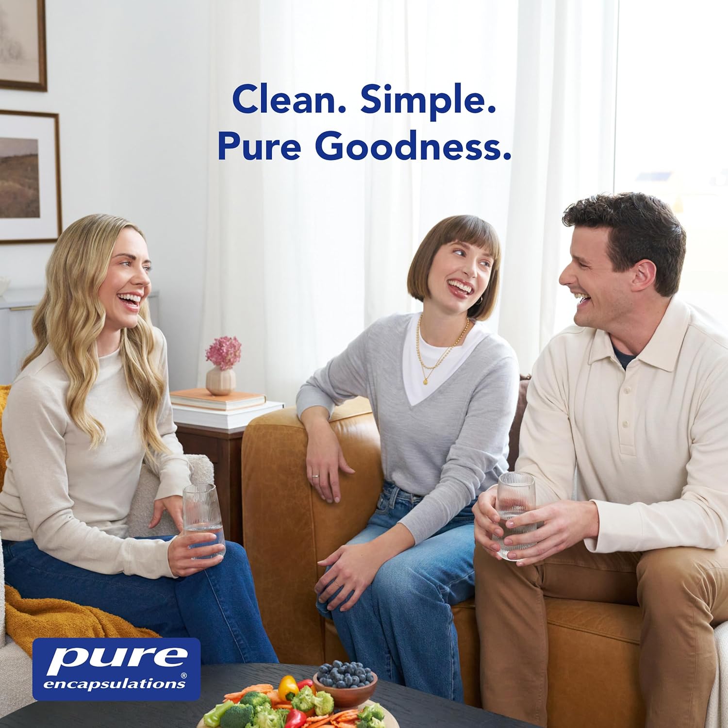 Reinforces the brand's core values of purity and simplicity through a lifestyle image and tagline.