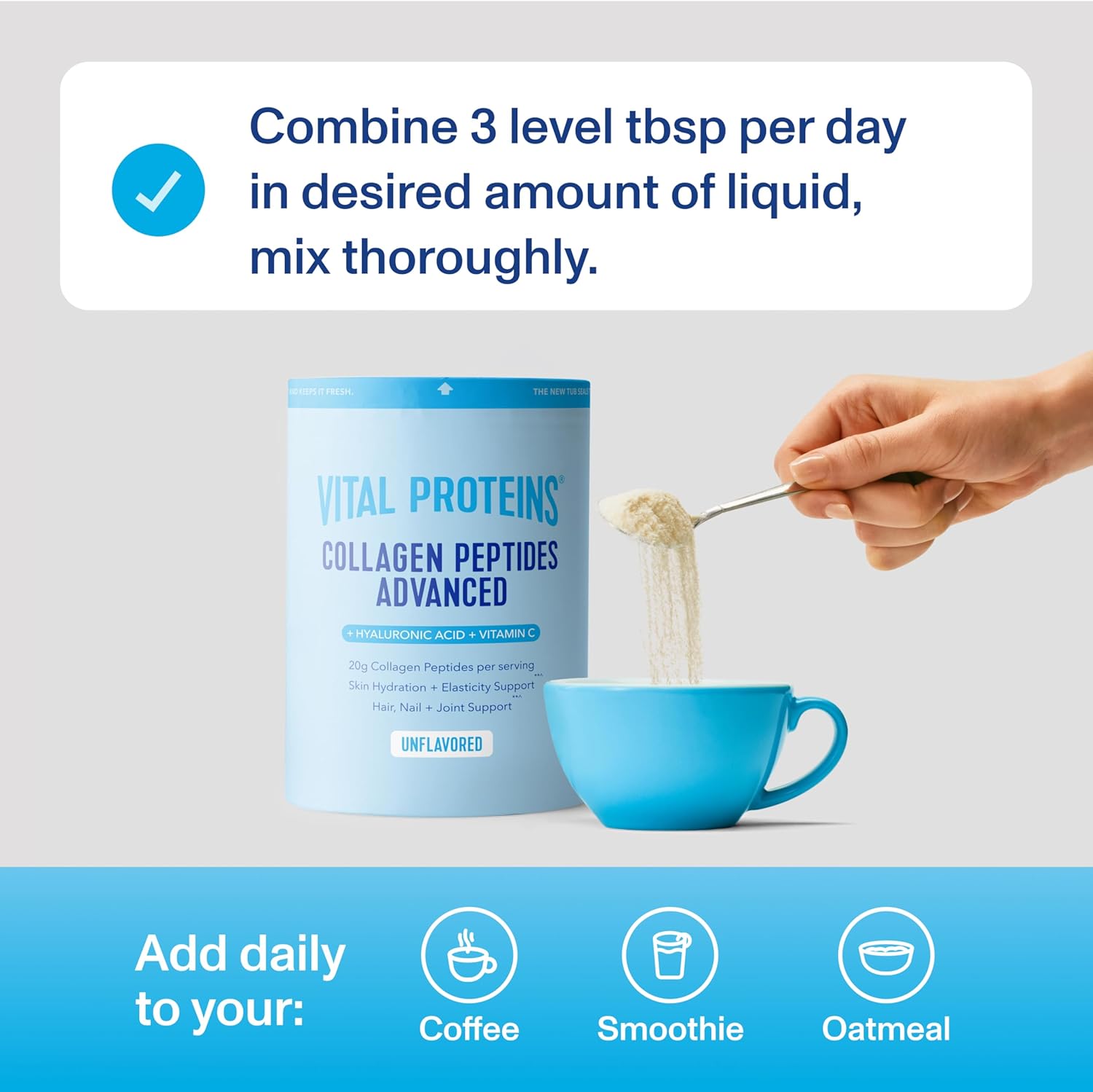 Demonstrates how to properly use the collagen peptides product by mixing it with liquids. Shows different ways to incorporate the product into daily routines, such as adding to coffee, smoothies, or…