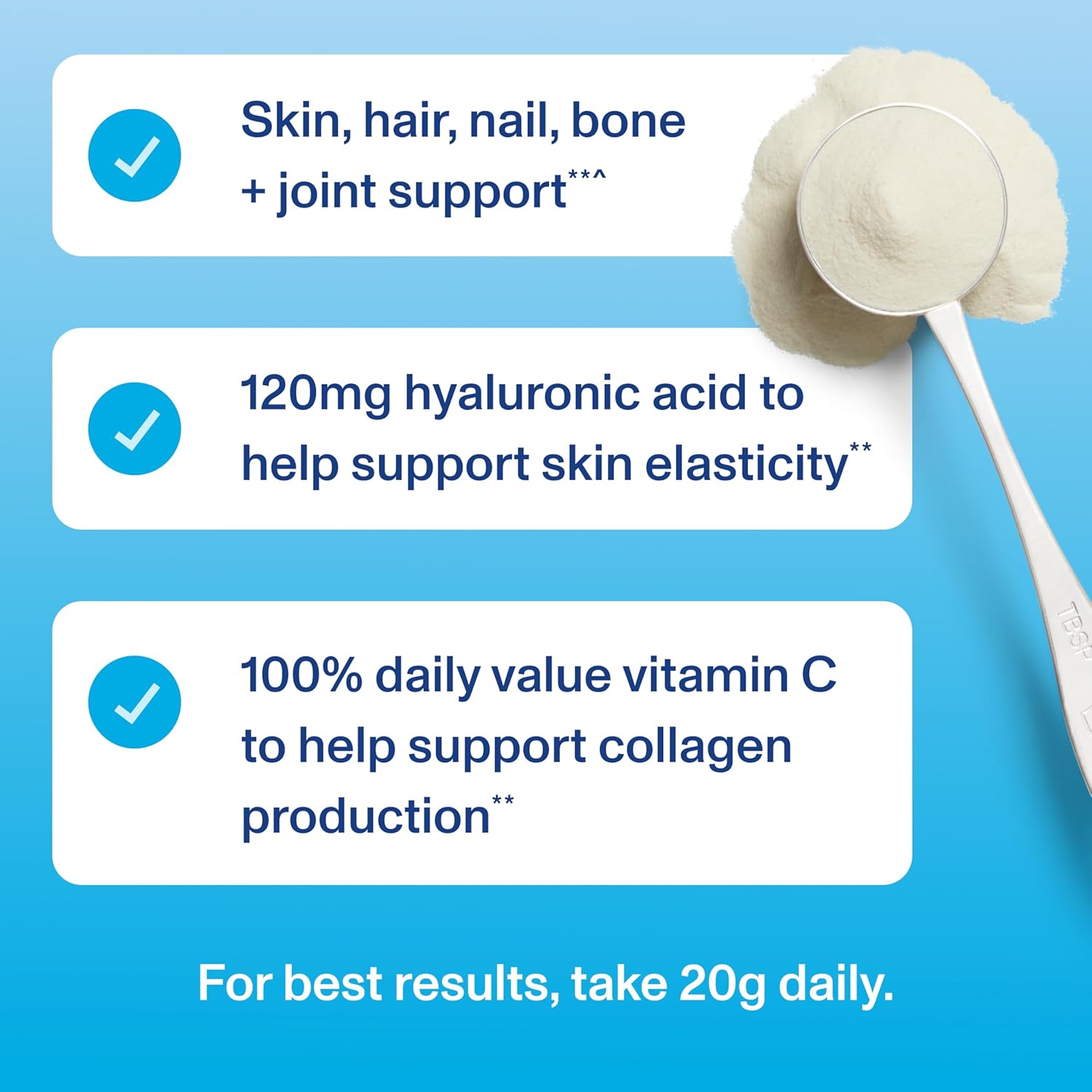 Highlights multiple benefits of the product for skin, hair, nails, bones, and joints, emphasizing its comprehensive support for overall body health.