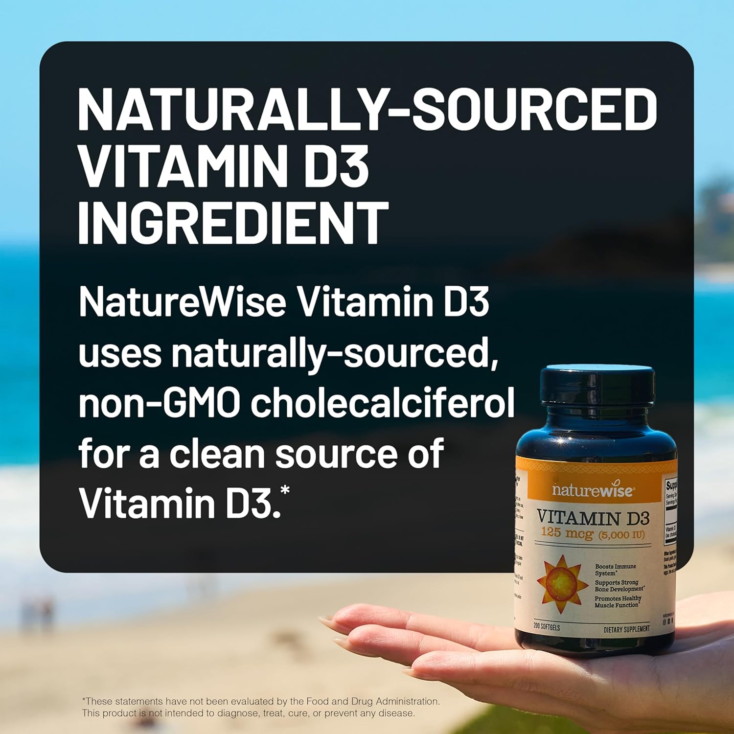 Emphasizes the natural and clean source of Vitamin D3 in the product to appeal to health-conscious consumers seeking non-GMO supplements.