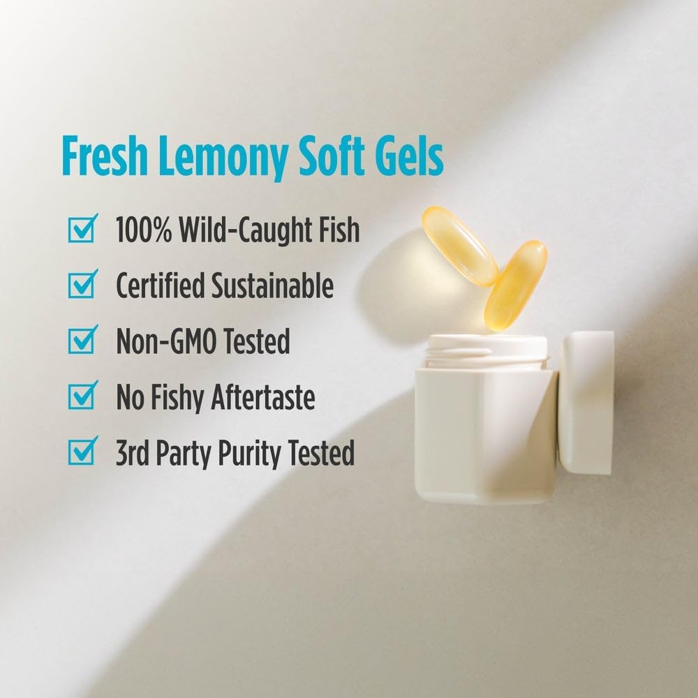 Highlights multiple quality and safety features of the fish oil soft gels to reassure customers about the product's purity, sustainability, and taste.