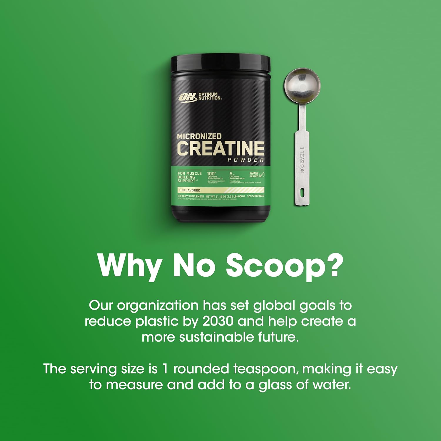 Explains why the product doesn't include a plastic scoop, highlighting the company's commitment to sustainability and plastic reduction.