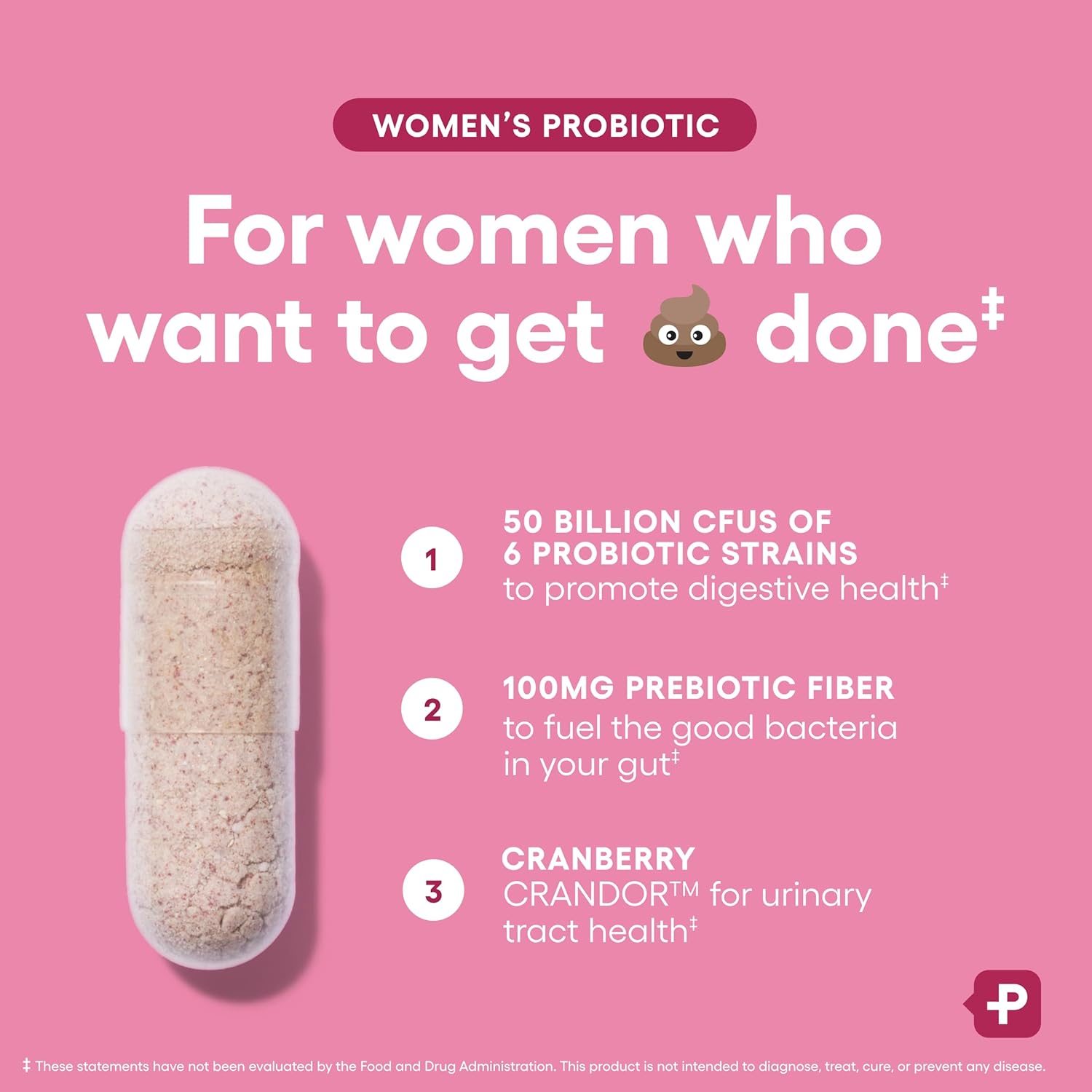 Highlights multiple benefits of the women's probiotic supplement, focusing on digestive, gut, and urinary tract health to appeal to women seeking comprehensive support.
