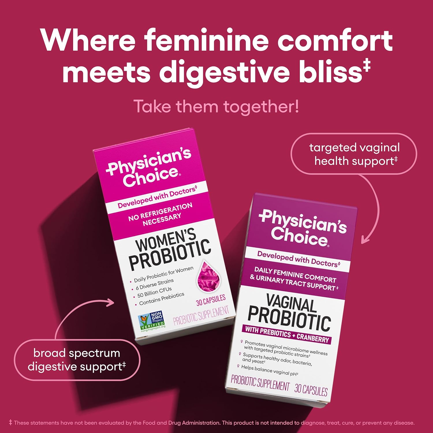 Highlights the dual benefits of digestive and vaginal health support from two complementary probiotic products.