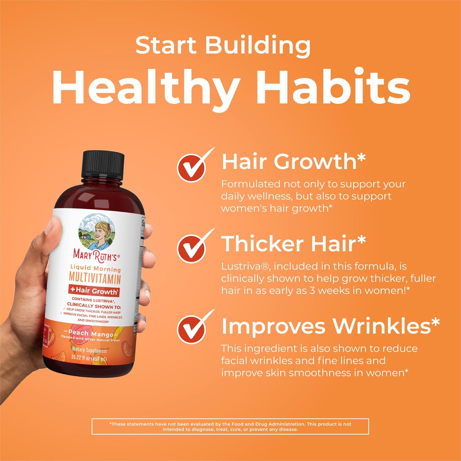 Highlights multiple benefits of the multivitamin product, focusing on hair growth, thicker hair, and wrinkle improvement to appeal to women seeking overall beauty and wellness solutions.