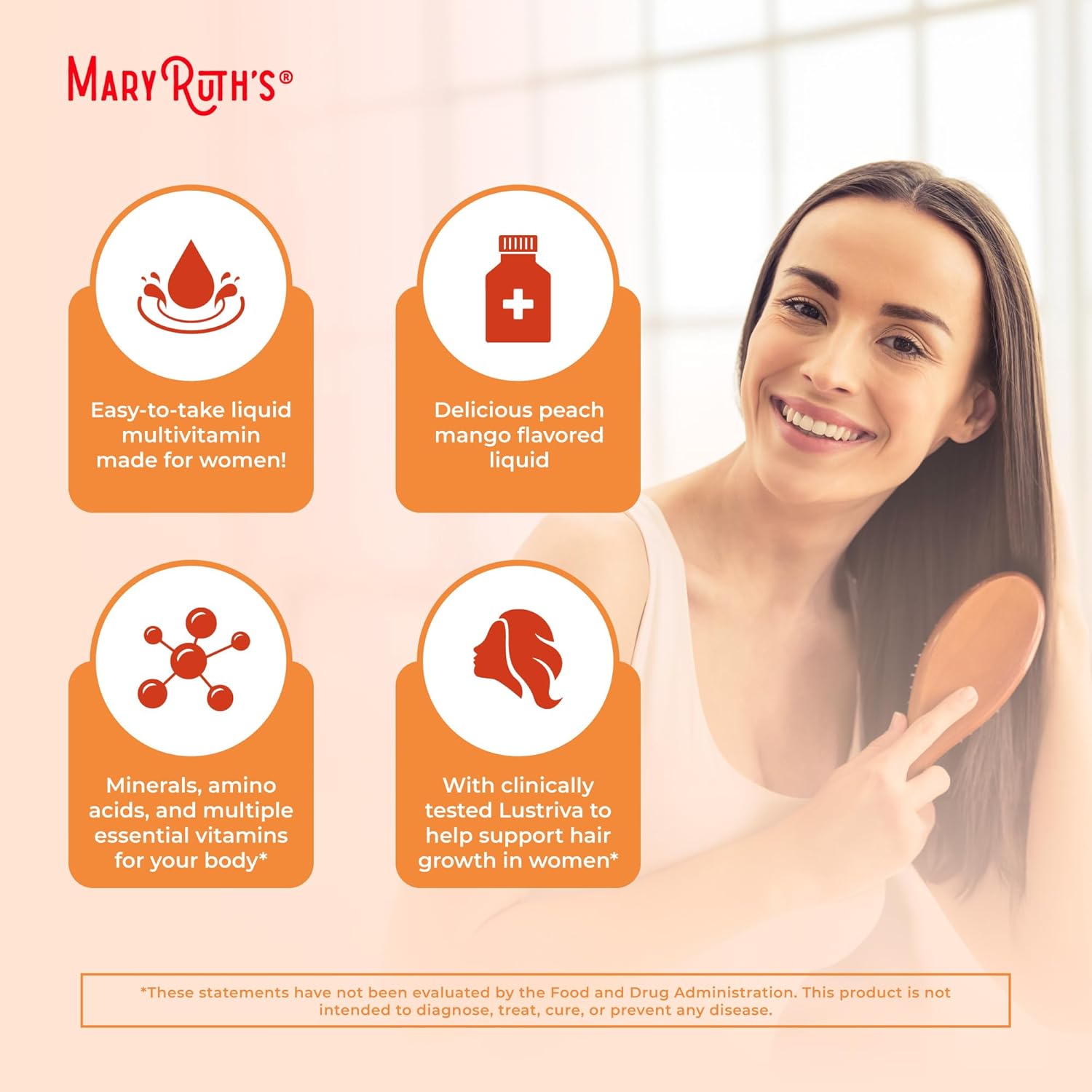 Highlights multiple benefits of the product including its easy-to-take liquid form, tasty flavor, comprehensive nutrient profile, and hair growth support for women.
