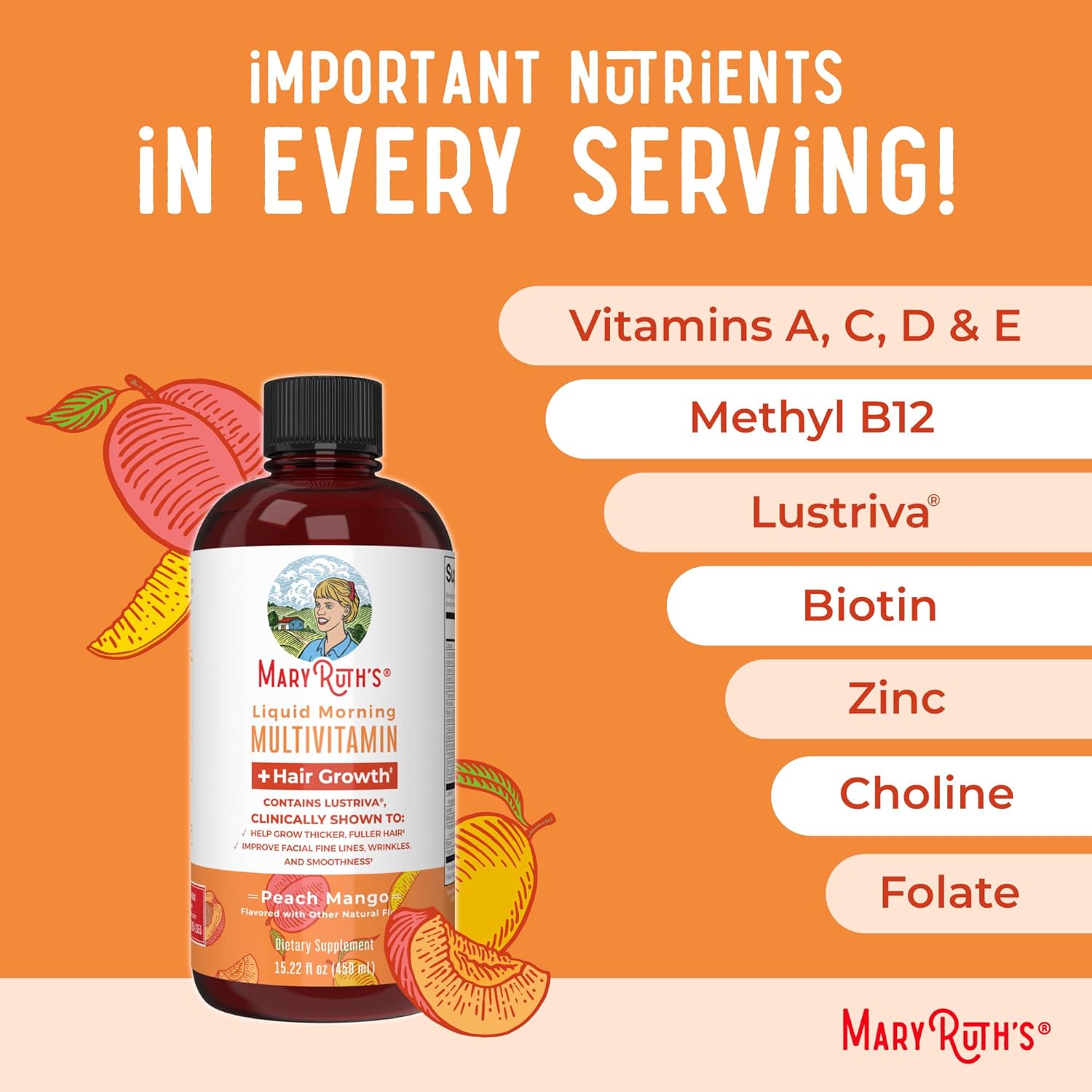 Highlights the multiple important nutrients contained in each serving of the multivitamin, emphasizing its comprehensive benefits for overall health and hair growth.