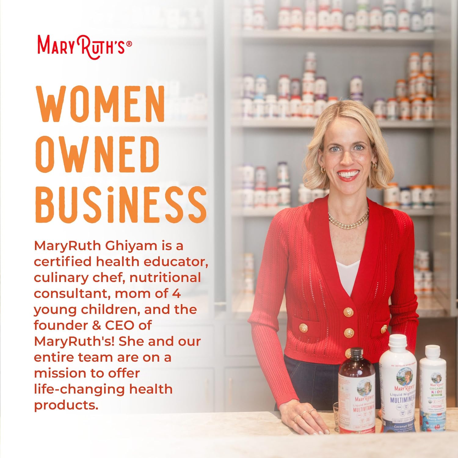 Builds trust and emotional connection by highlighting the female founder and her credentials, emphasizing the brand's mission and expertise in health products.