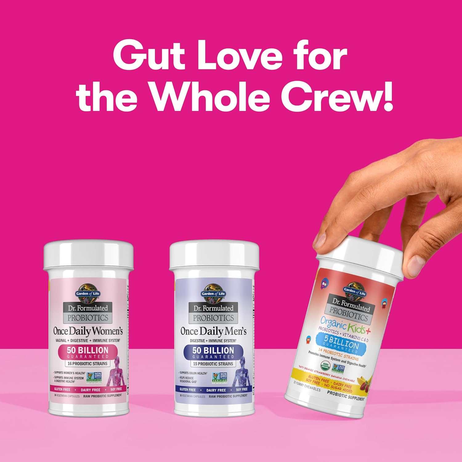 Showcases different probiotic products for various family members, emphasizing the brand's range of options for gut health.