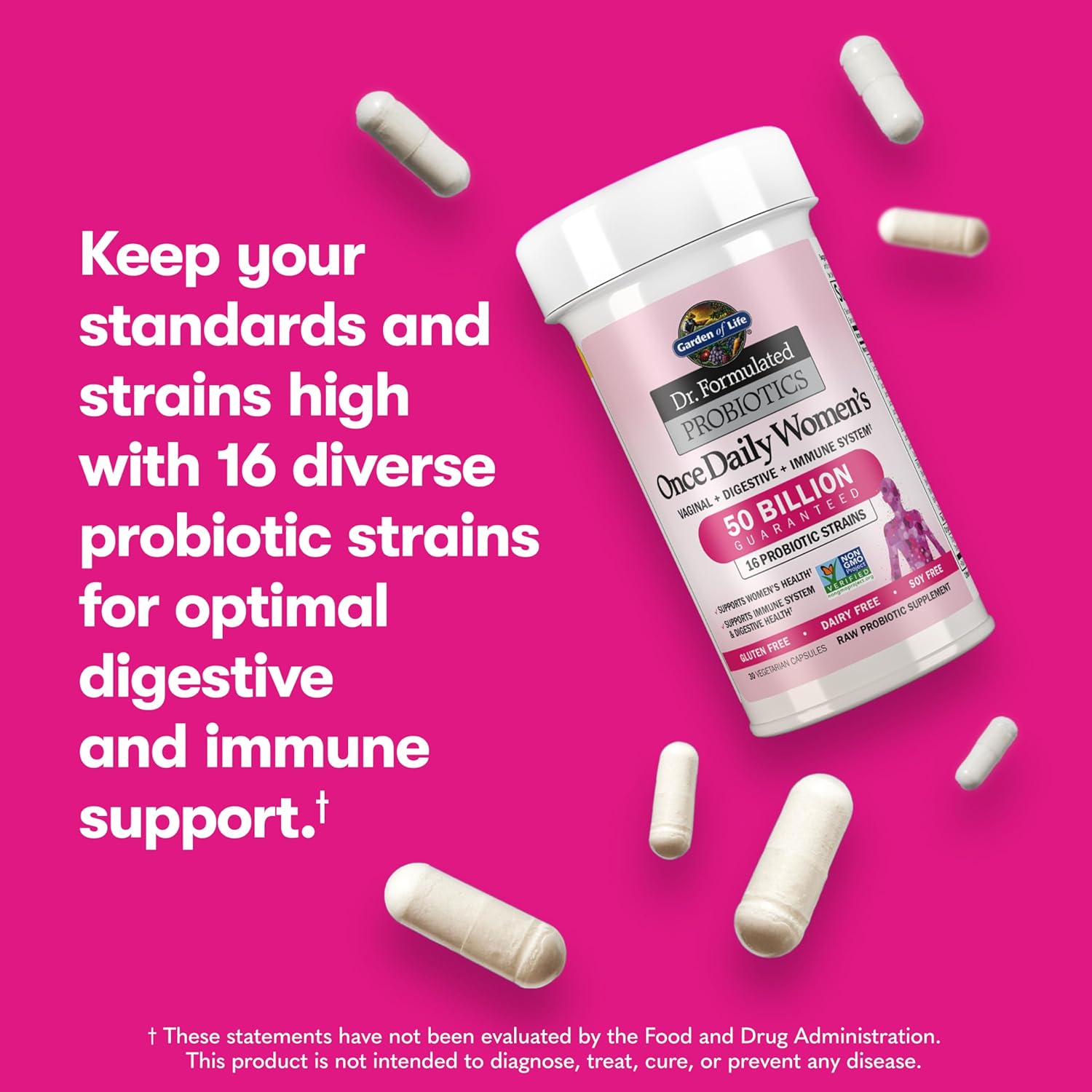 Highlights the product's multiple benefits of digestive and immune support, emphasizing the diverse probiotic strains for optimal health.