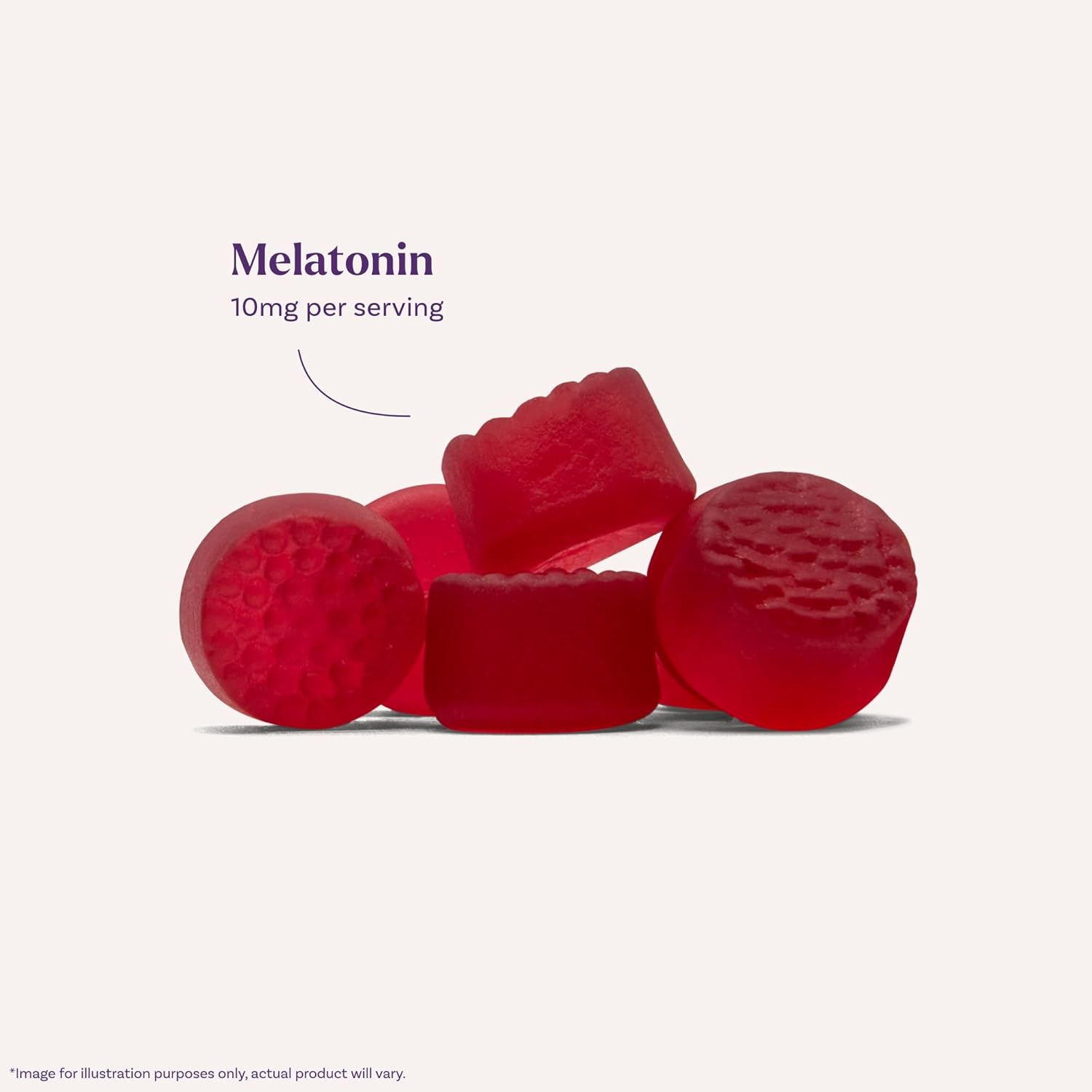 Informs the customer about the specific dosage of melatonin (10mg) per serving in the product. Highlights the key active ingredient (melatonin) and its quantity to emphasize the product's main…