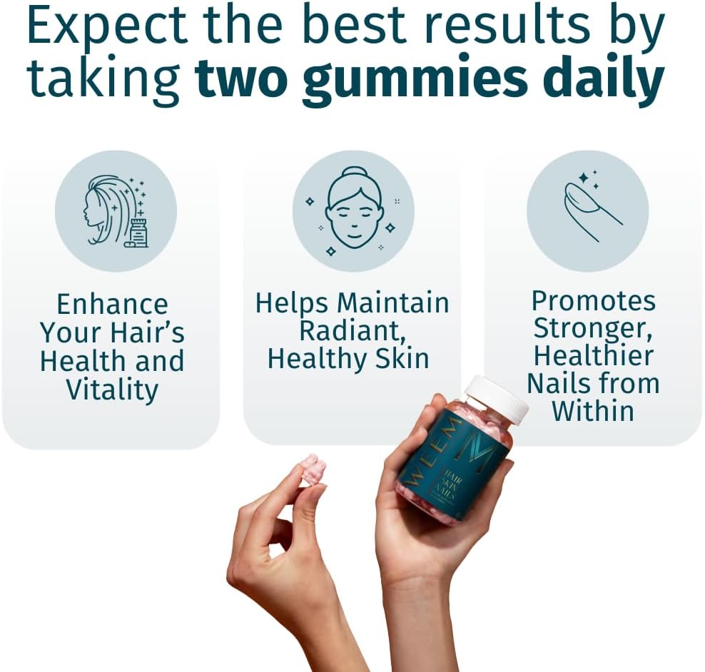 Highlights multiple benefits of the product for hair, skin, and nails to show its comprehensive beauty-enhancing effects. Provides clear instructions on how to use the product (taking two gummies…