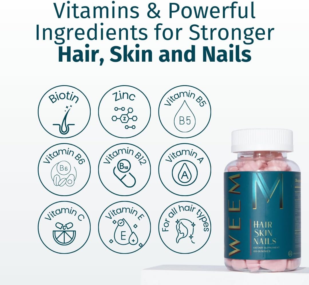 Highlights the key vitamins and minerals in the product that contribute to stronger hair, skin, and nails.