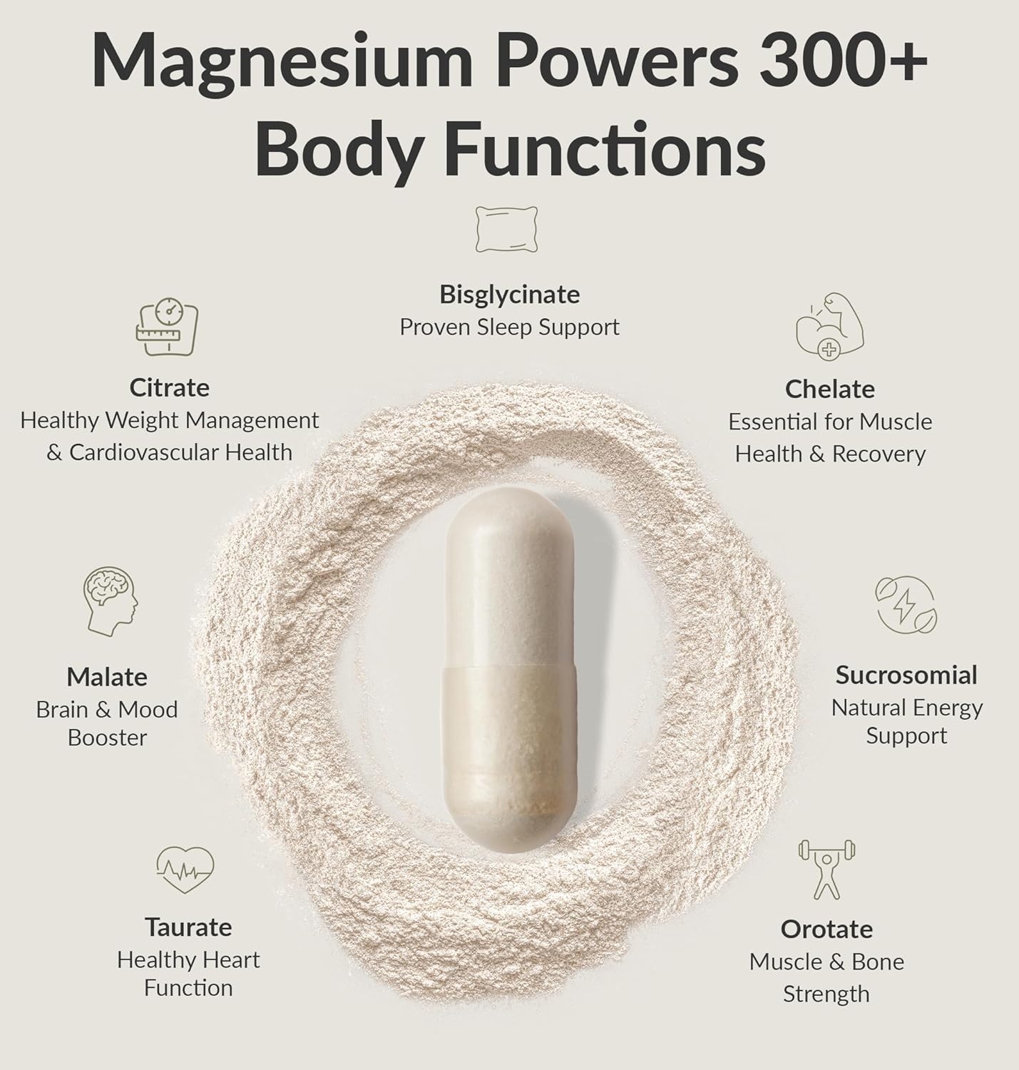 Showcases the various health benefits and body functions supported by different forms of magnesium in the product.