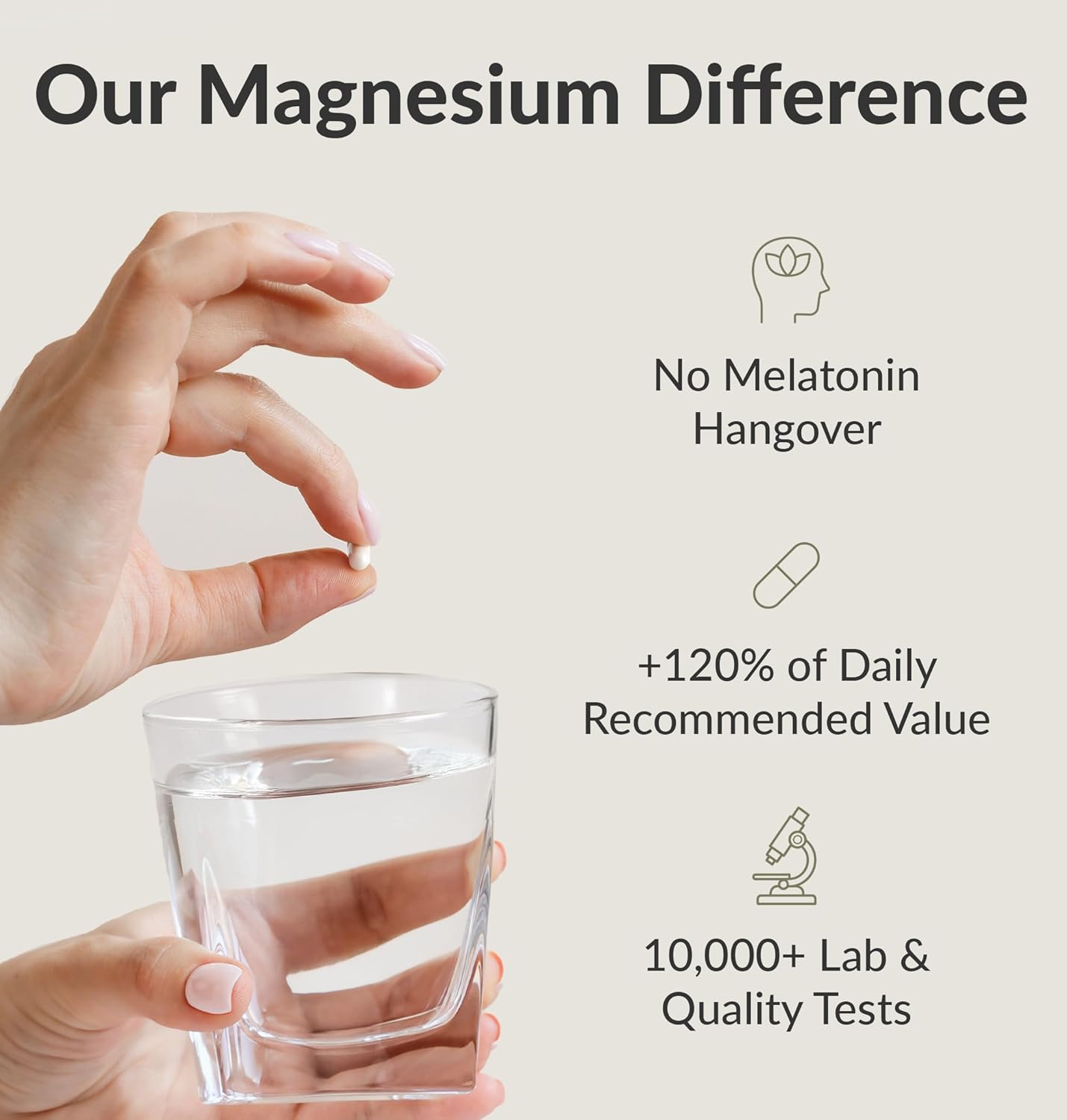 Highlights multiple benefits of the magnesium supplement to differentiate it from competitors and reassure customers about its quality and effectiveness.
