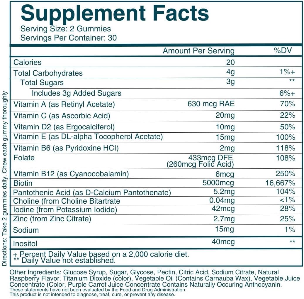 Provides detailed nutritional facts and vitamin content to inform customers about the supplement's composition and benefits.