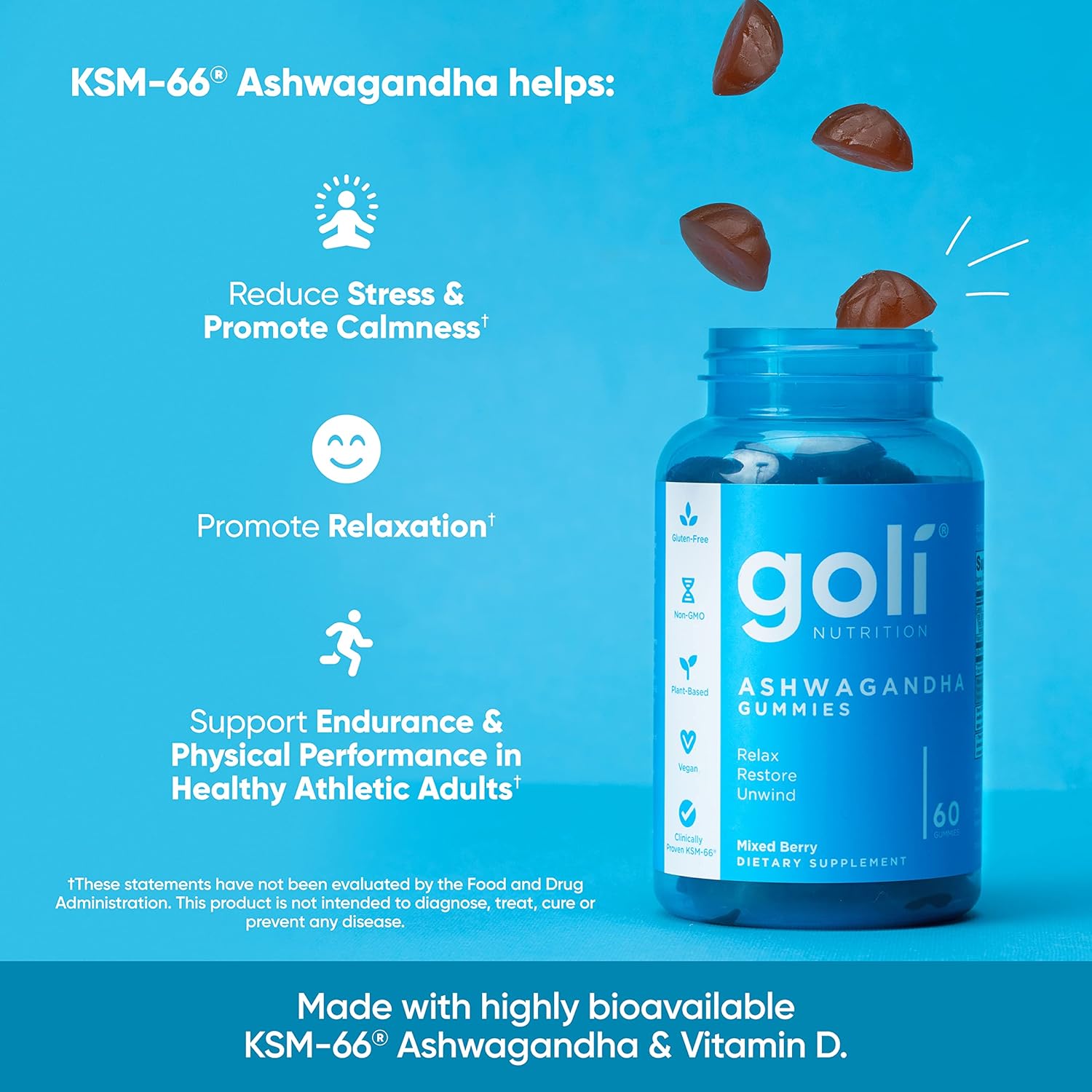 Highlights multiple benefits of the Ashwagandha gummies to appeal to various customer needs, from stress relief to physical performance enhancement.