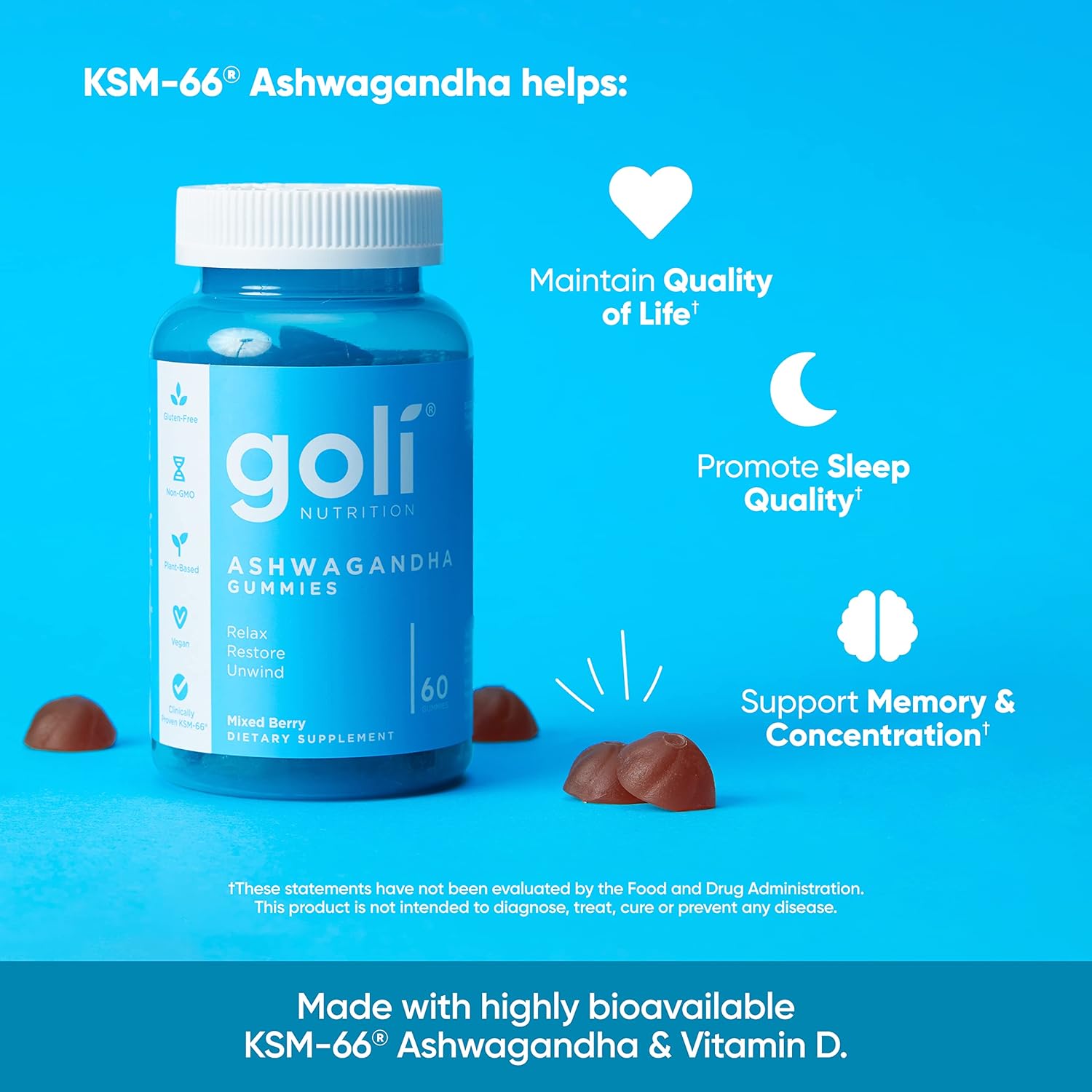Highlights multiple benefits of the Ashwagandha supplement to show its versatility in improving overall well-being.