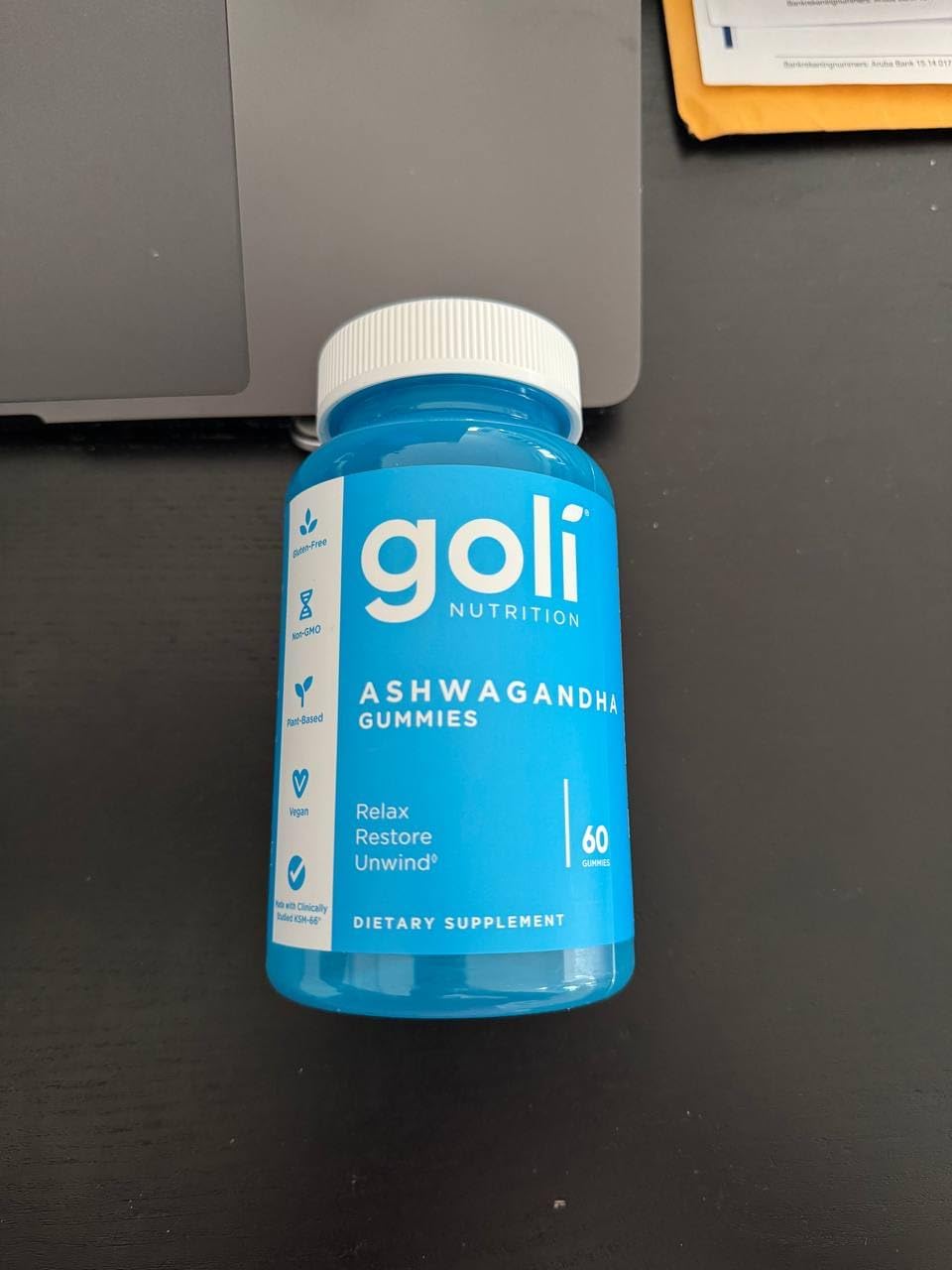 Highlights the product's ability to help users relax, restore, and unwind through Ashwagandha gummies.