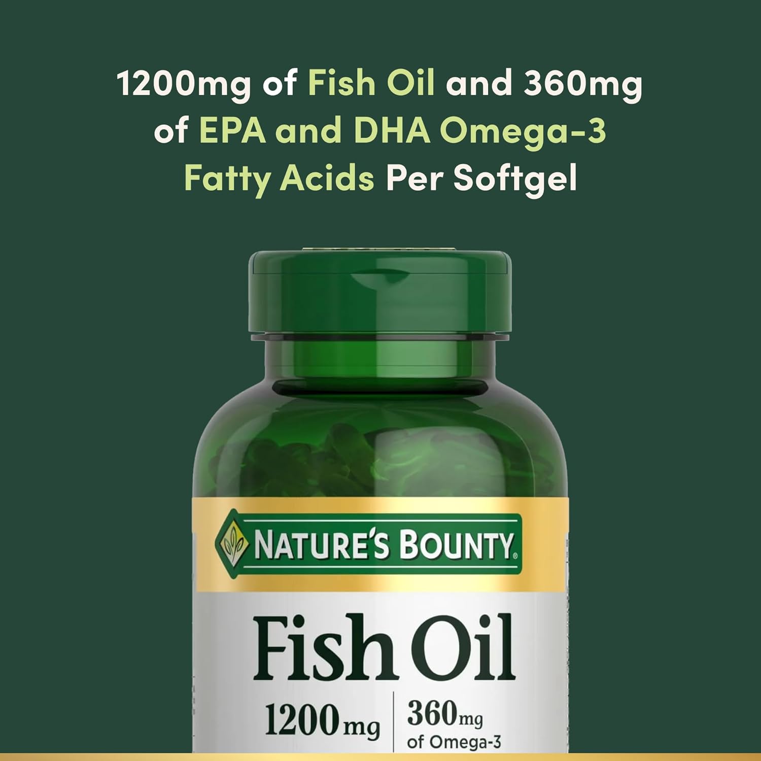 Communicates the specific amount of fish oil and omega-3 fatty acids in each softgel to highlight the product's potency and nutritional value.