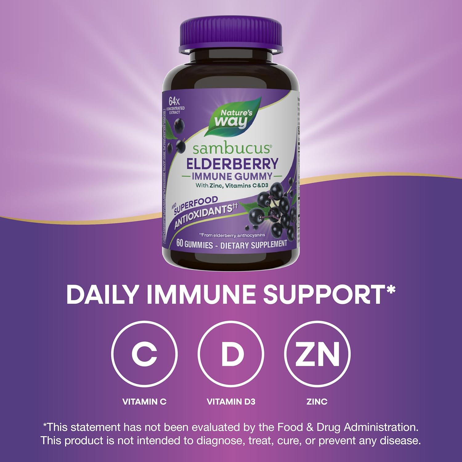 Highlights the product's multiple benefits for immune support, including antioxidants and added vitamins/minerals. Emphasizes the primary benefit of daily immune support provided by the product.