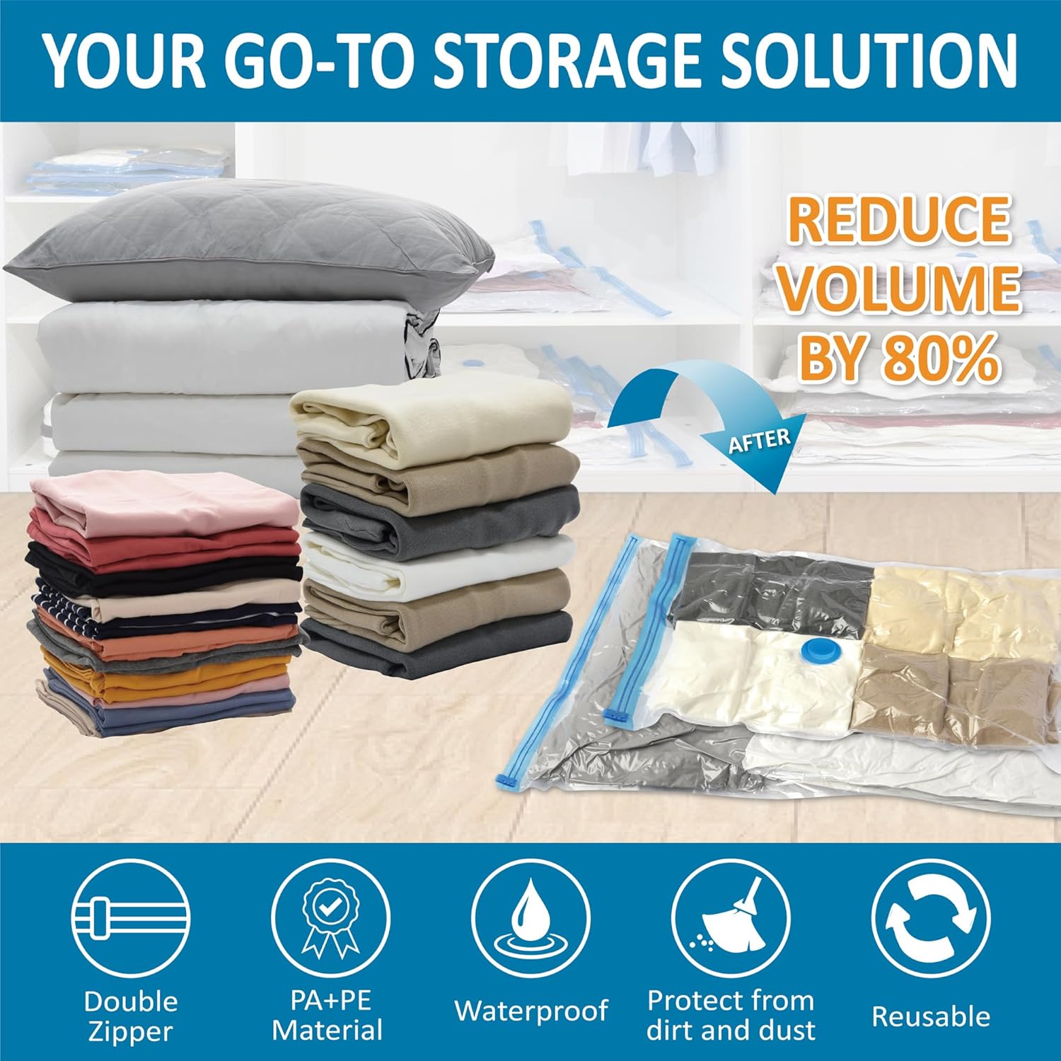 Highlights multiple benefits of the storage solution, emphasizing its ability to reduce volume and protect items.