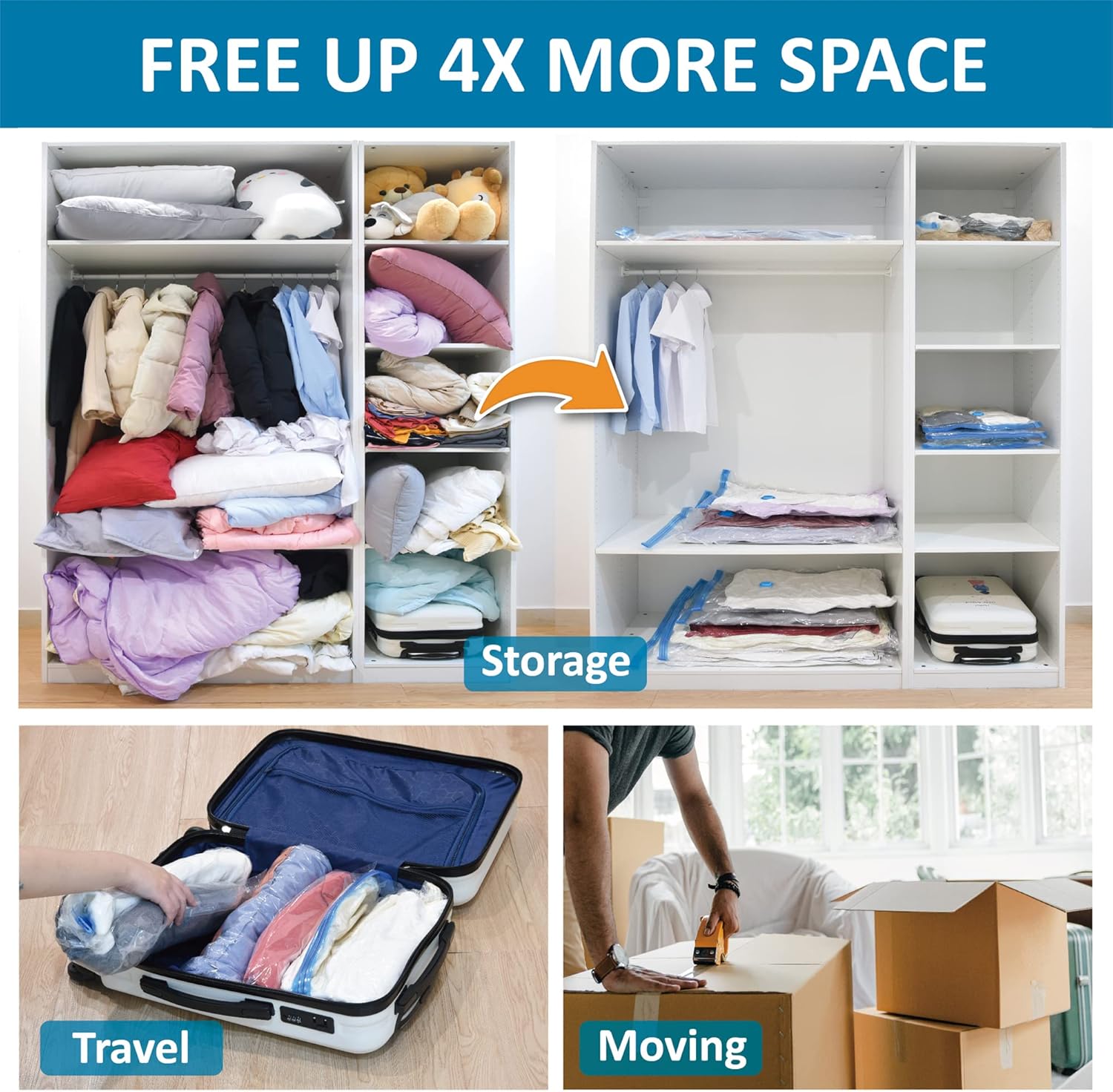 Demonstrates how the product can be used for multiple purposes: storage organization, efficient packing for travel, and space-saving during moving.