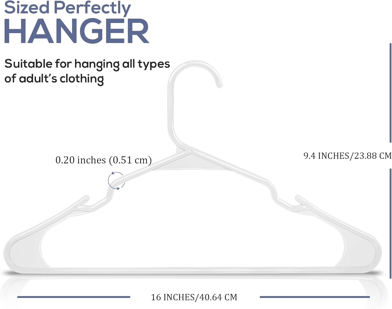 Provides exact measurements of the hanger to show its suitability for adult clothing and emphasize its perfect size.