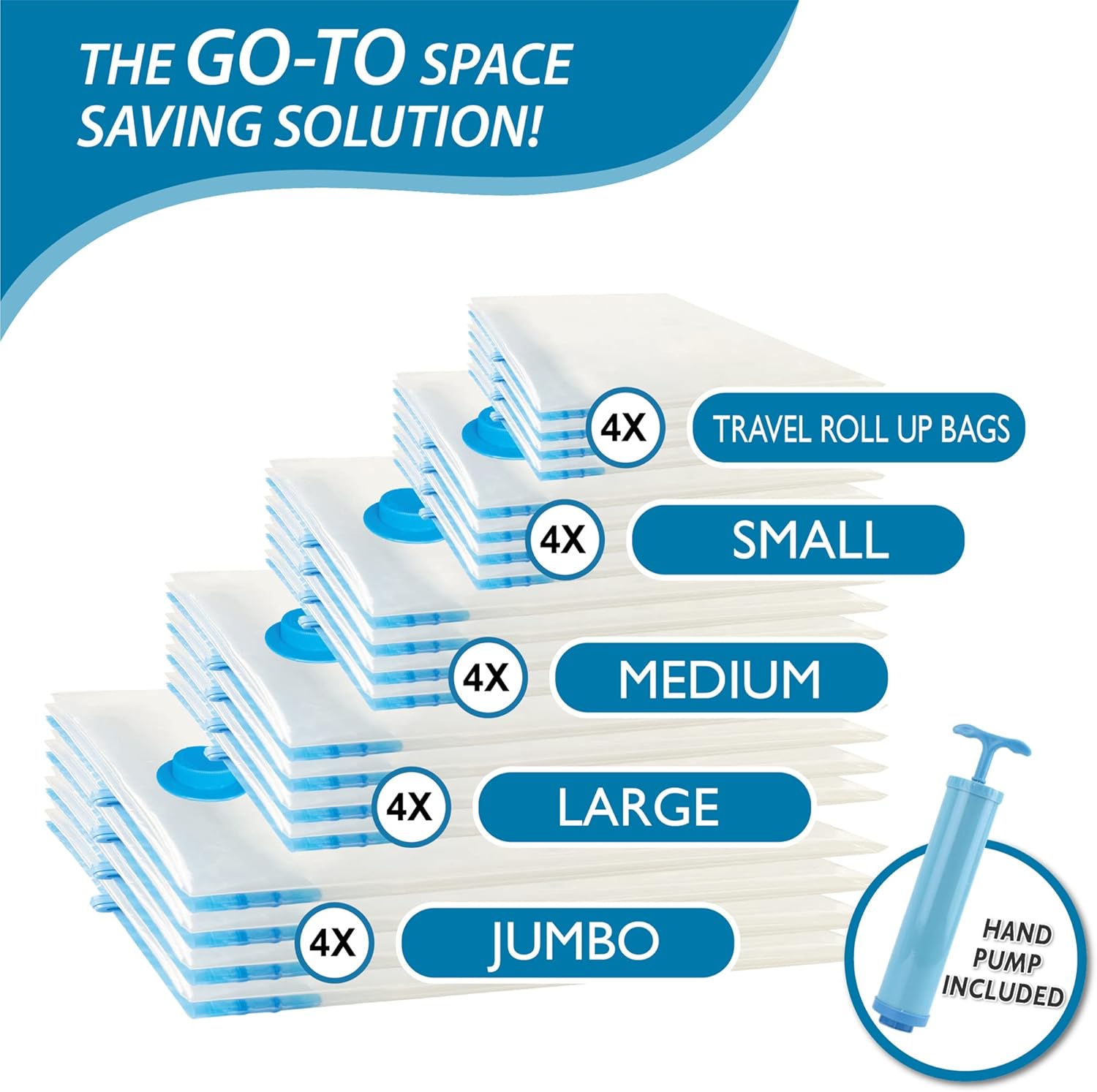 Shows the complete set of space-saving bags included in different sizes, highlighting the variety and quantity to demonstrate value. Emphasizes the product's versatility for both space-saving at…