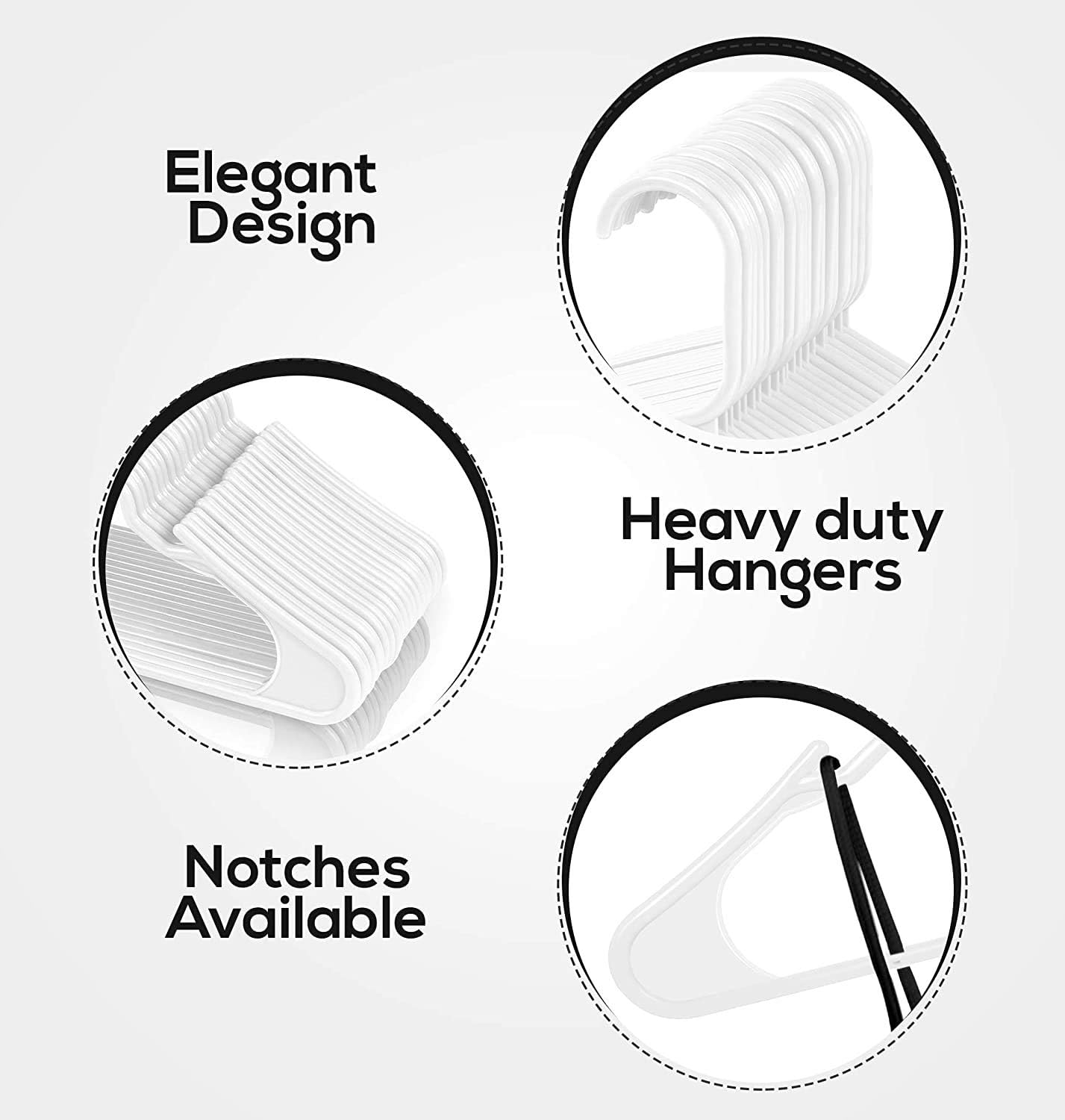 Highlights multiple key features of the hangers to demonstrate their quality and functionality.