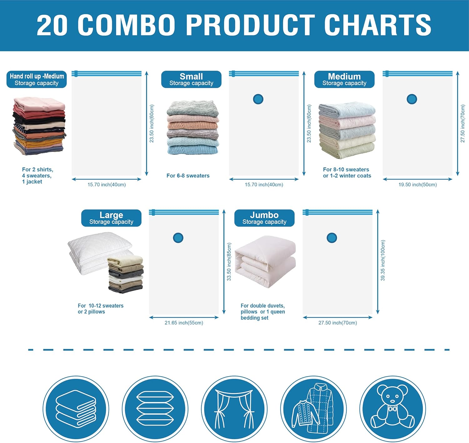 Compares the storage capacity of different sizes of vacuum storage bags, helping customers choose the right size for their needs. Guides customers in selecting the appropriate vacuum bag size based…
