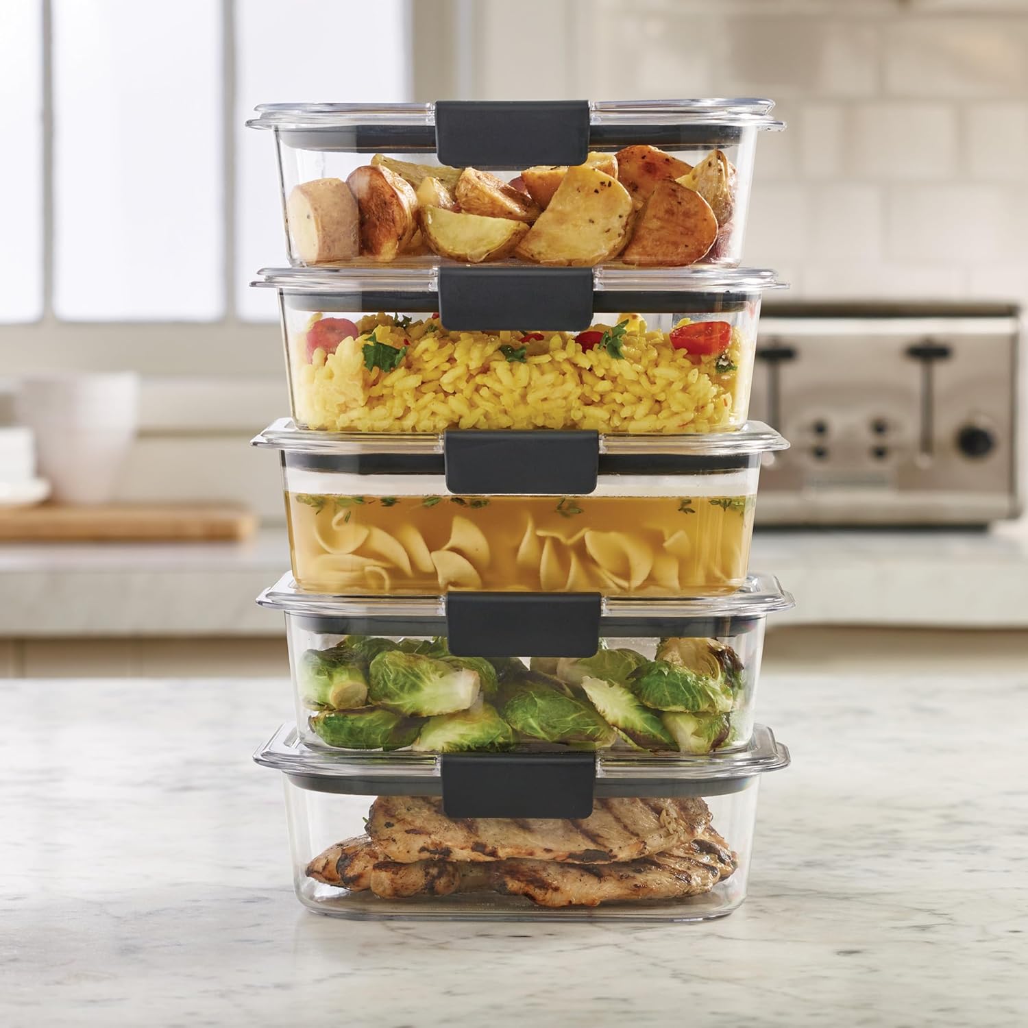 Showcases the variety of food storage containers included in the set, demonstrating their capacity and versatility for different types of food.