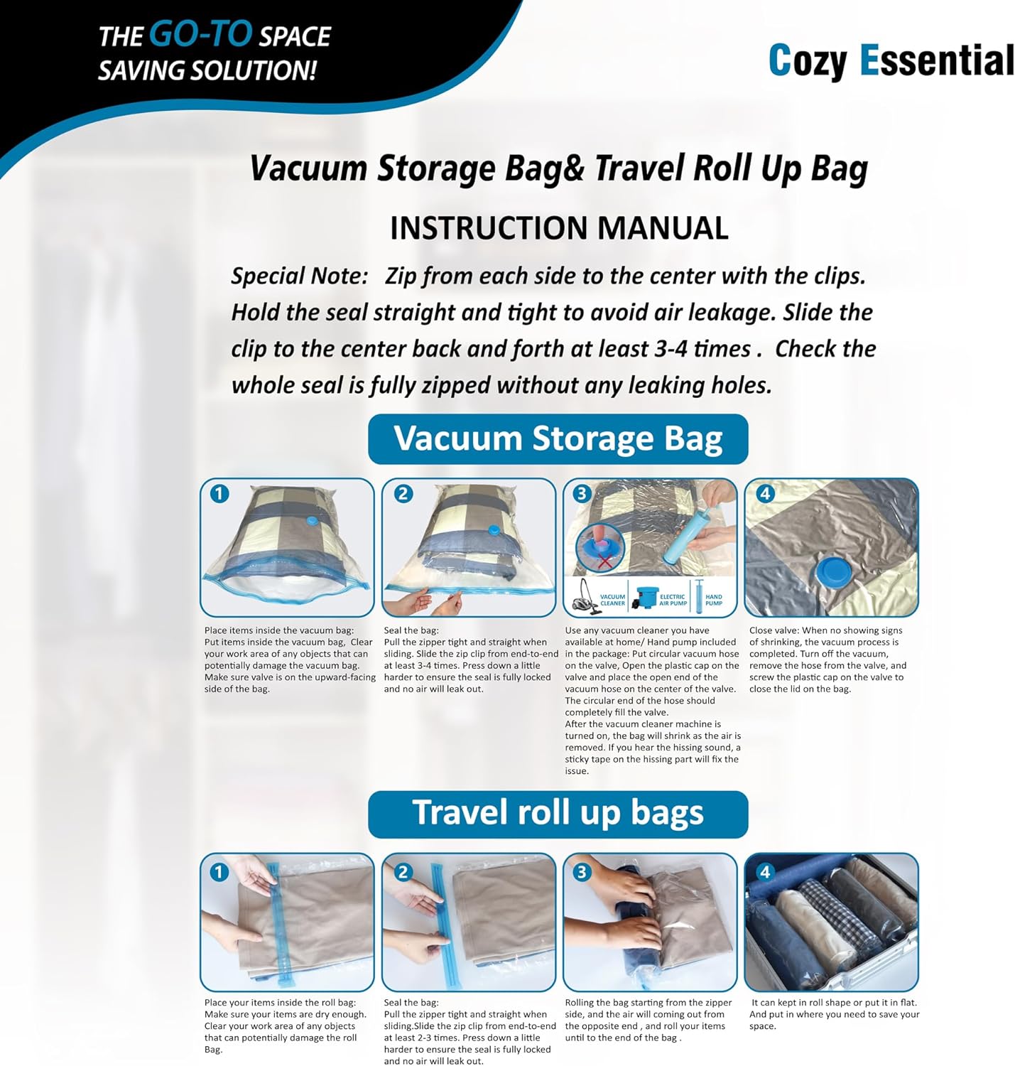 Provides step-by-step instructions on how to use both the vacuum storage bag and travel roll up bag, ensuring customers can properly utilize the product features.