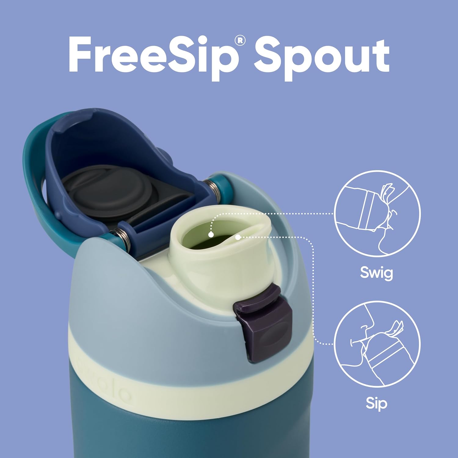 Highlights the product's unique spout design that allows for both sipping and swigging, demonstrating its versatility and ease of use.