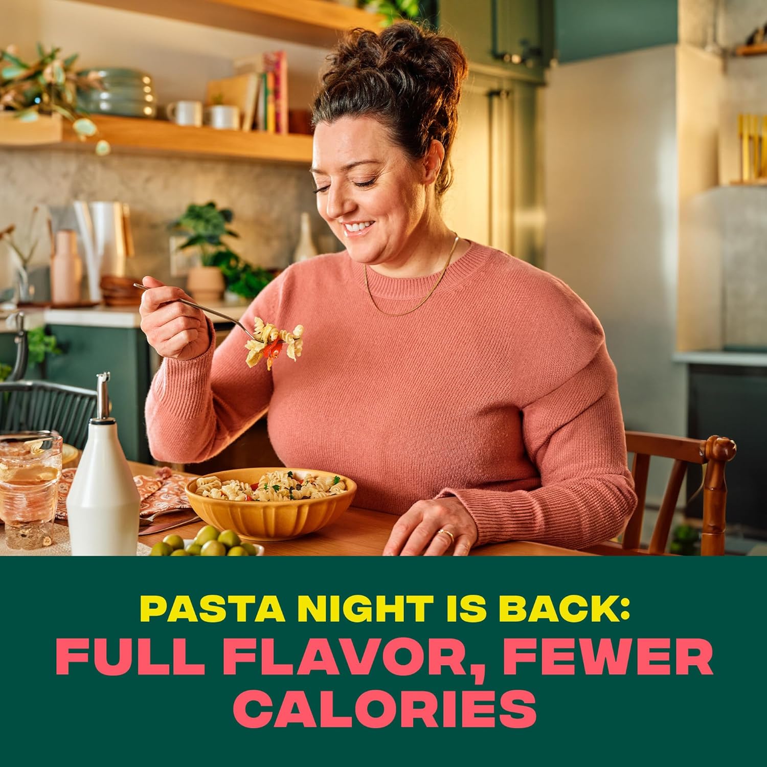 Highlights that the pasta product offers full flavor while being lower in calories, appealing to health-conscious consumers who still want to enjoy pasta nights.