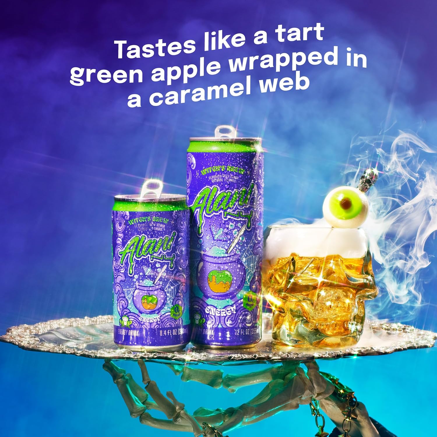 Highlights the distinctive taste of the product, comparing it to a tart green apple wrapped in caramel, to entice potential buyers with its unique flavor.