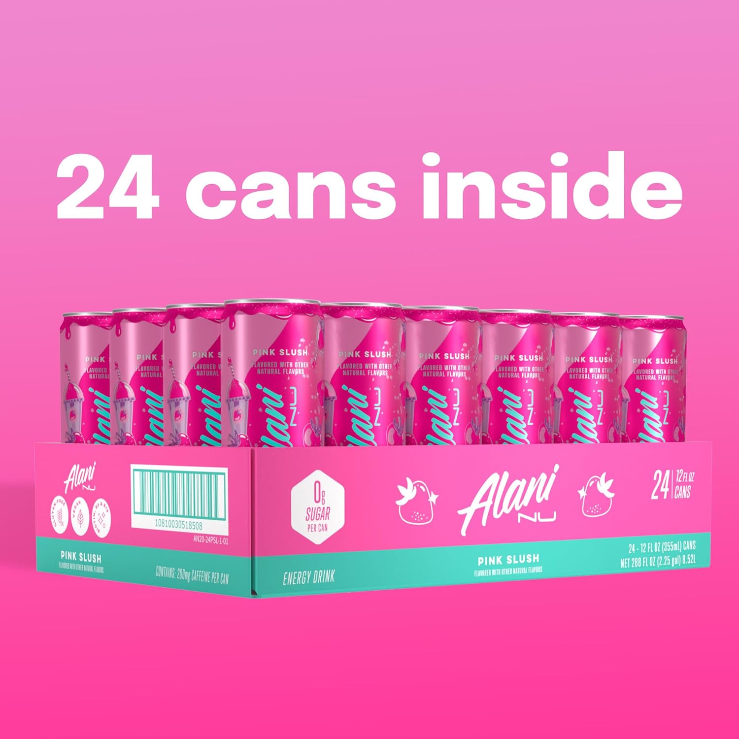 Shows the customer exactly what they'll receive: a case containing 24 cans of Alani Pink Slush energy drink. Highlights the quantity of cans in the pack and emphasizes the zero sugar content,…