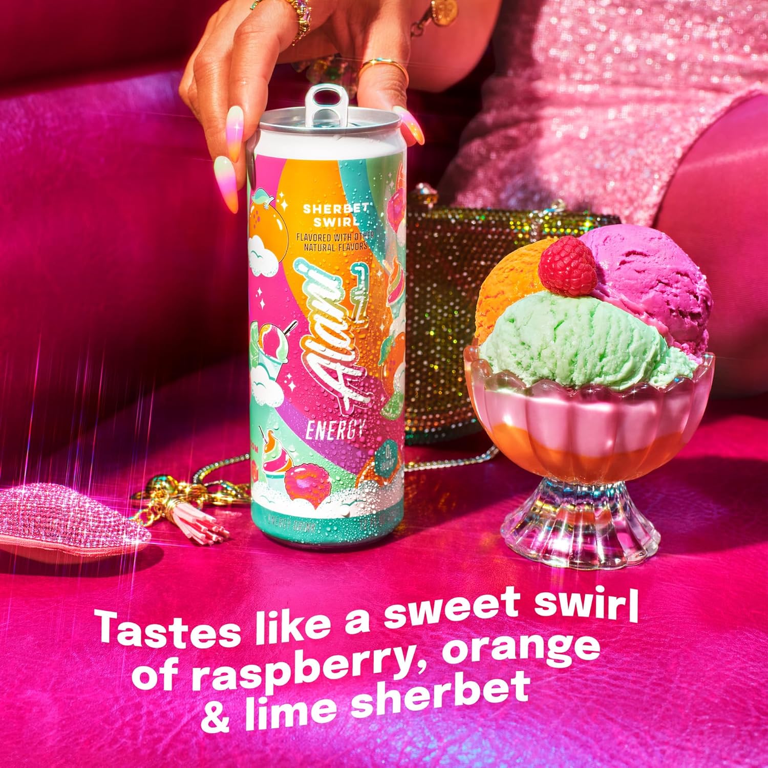 Highlights the unique flavor combination of the energy drink, comparing it to a sweet sherbet dessert to entice customers.