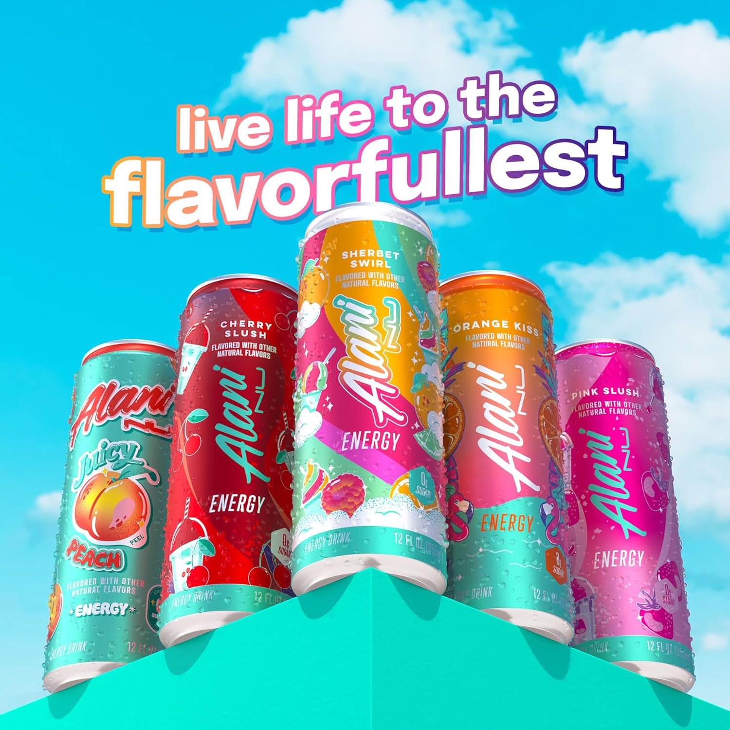 Showcases the variety of flavors available in the Alani energy drink line while emphasizing the brand's message of living life to the fullest.