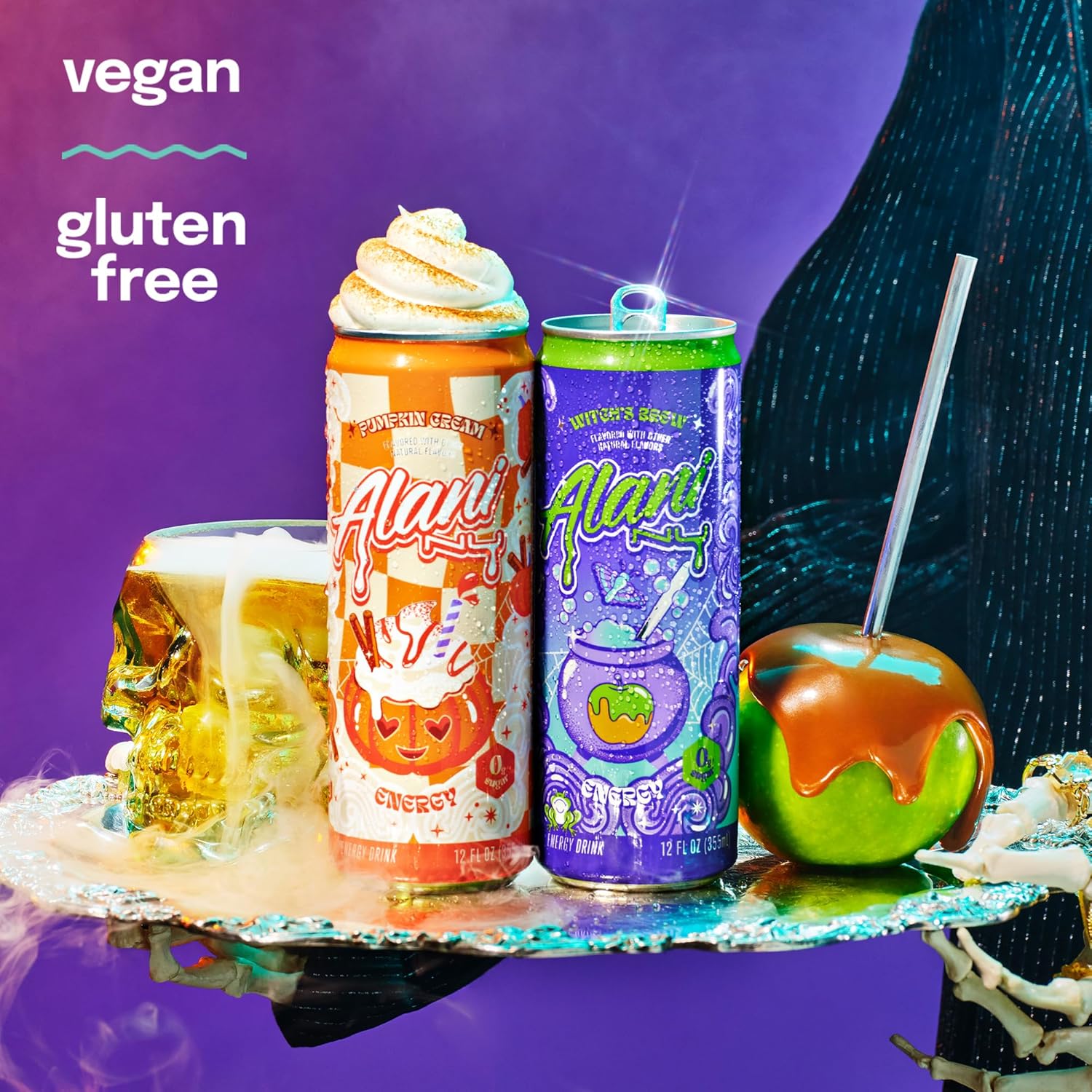 Highlights that the product is suitable for vegan and gluten-free diets, reassuring customers with dietary restrictions. Showcases the product's Halloween-inspired packaging and flavors to appeal to…
