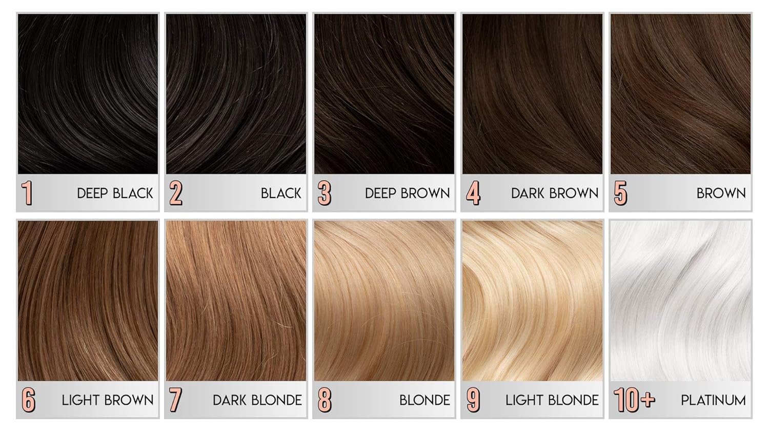 Guides customers in selecting the right hair color shade by displaying a range of options from deep black to platinum blonde.
